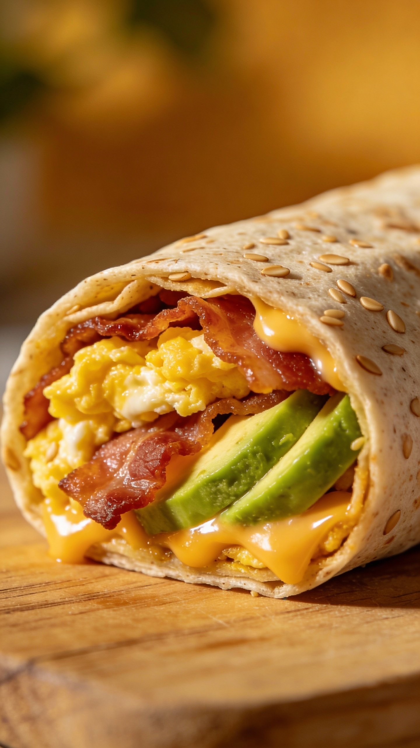 closeup keto breakfast burrito in almond wrap, sliced end-on