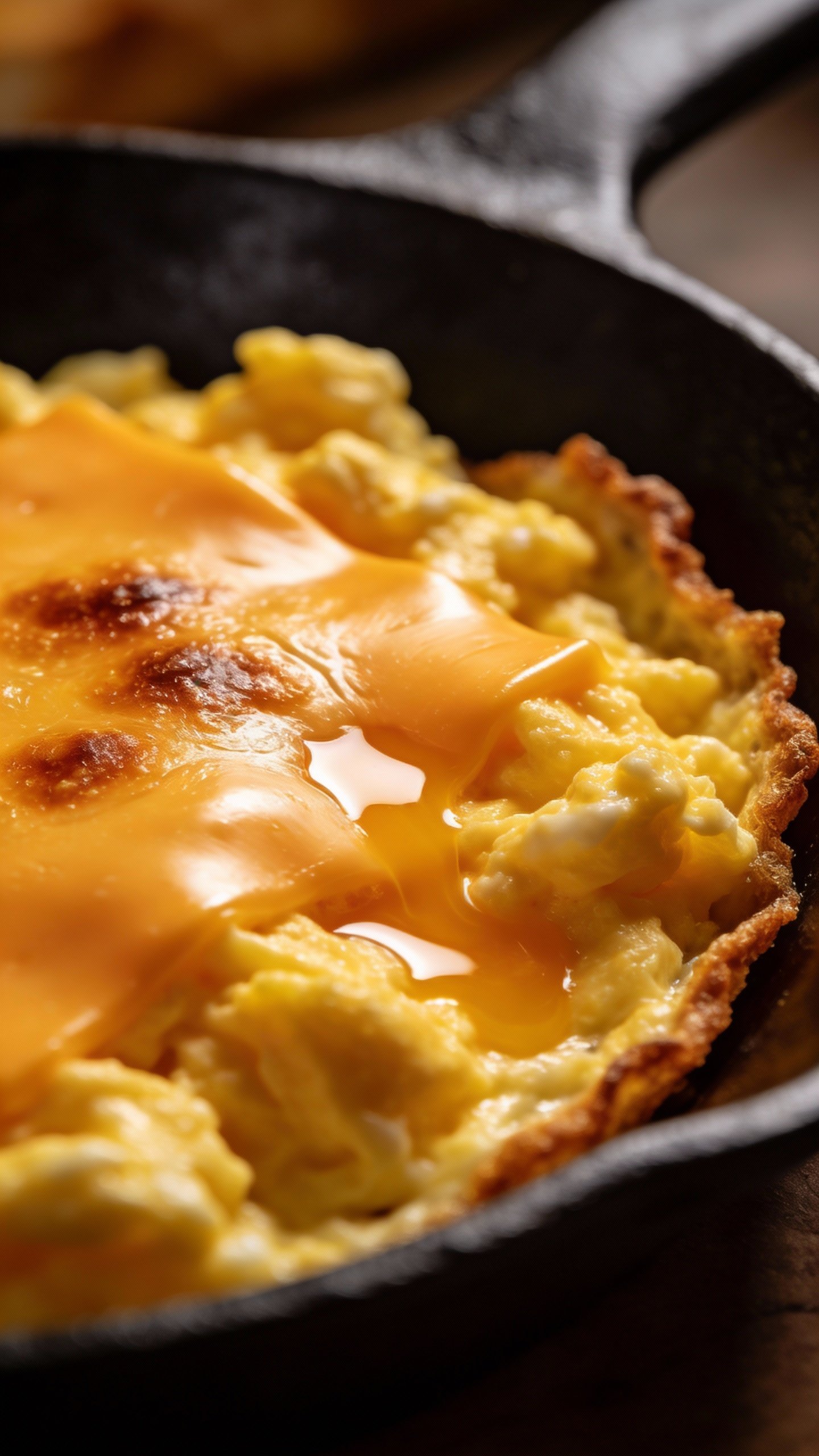 fluffy scrambled eggs with melted cheddar in black skillet, closeup