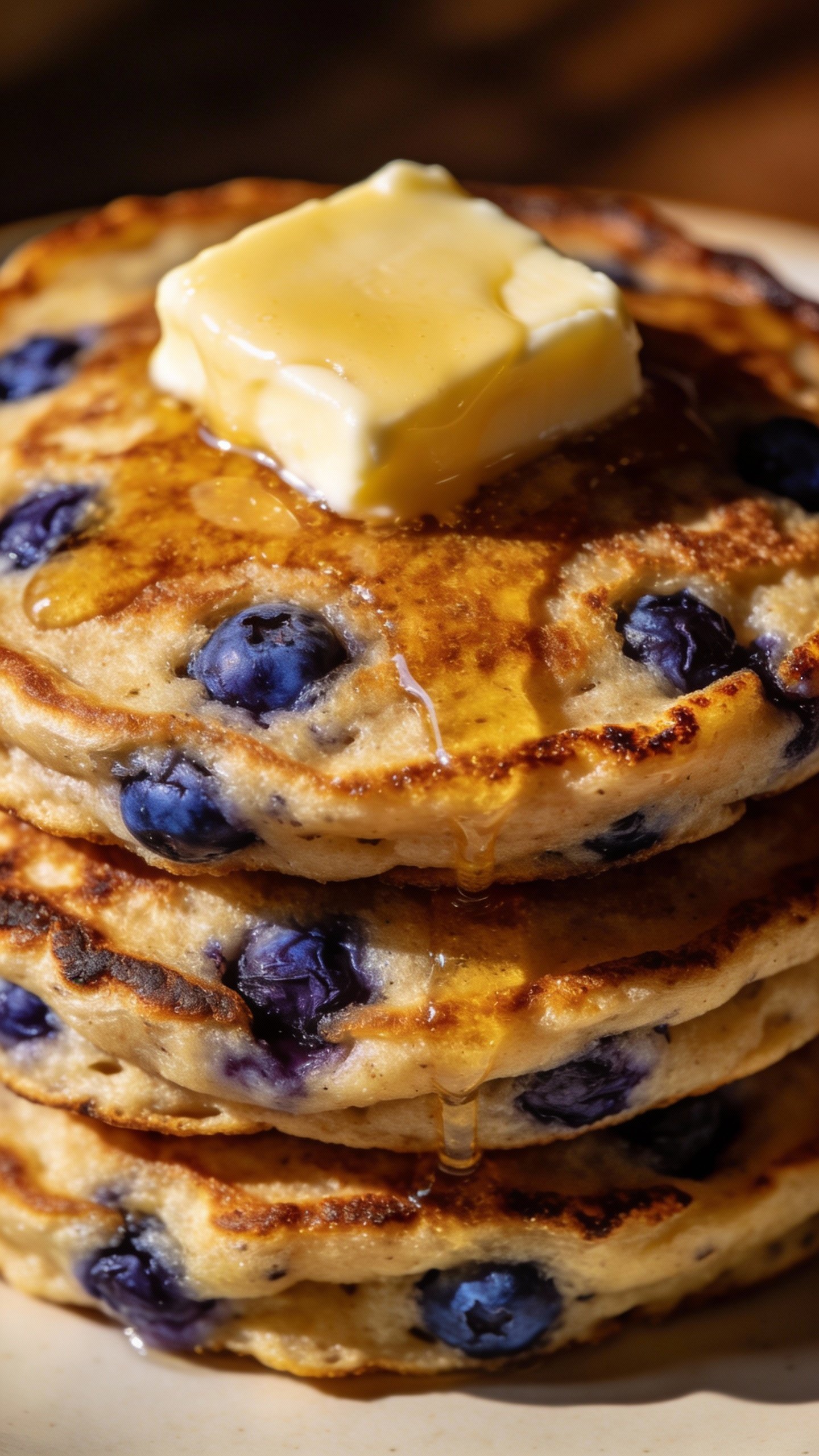 closeup stack of keto blueberry pancakes with melting butter