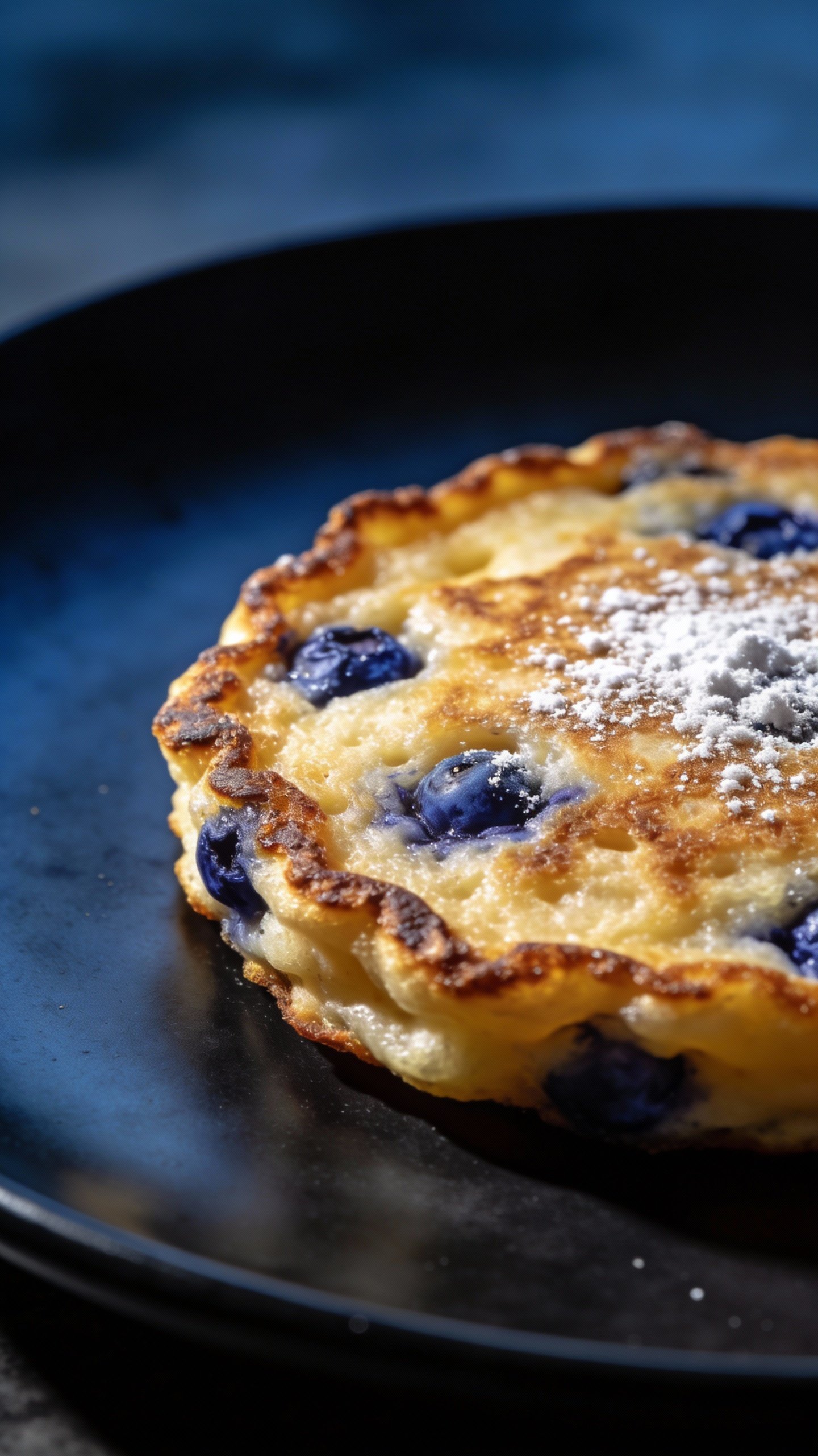 single golden keto blueberry pancake on matte black plate