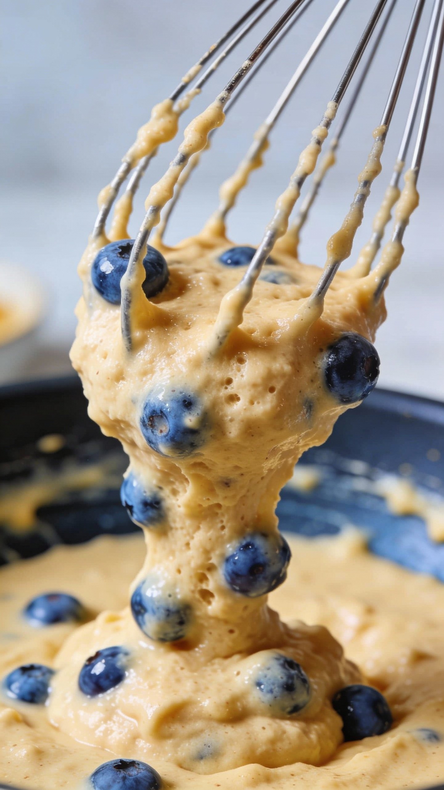 whisk lifting fluffy keto pancake batter with visible blueberries
