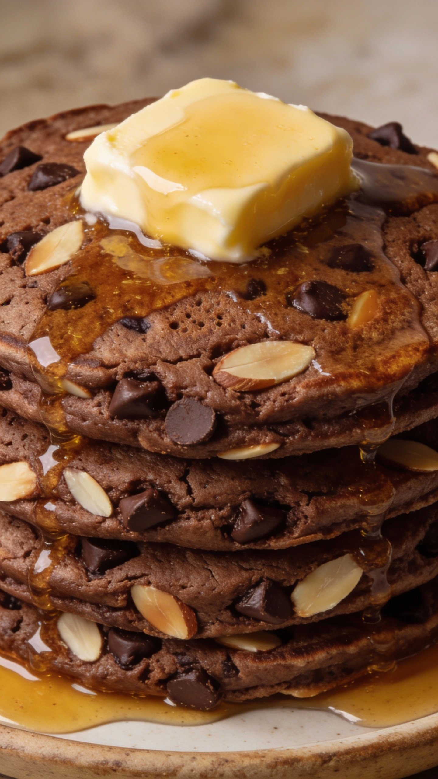 closeup stack of chocolate almond keto pancakes with butter pat