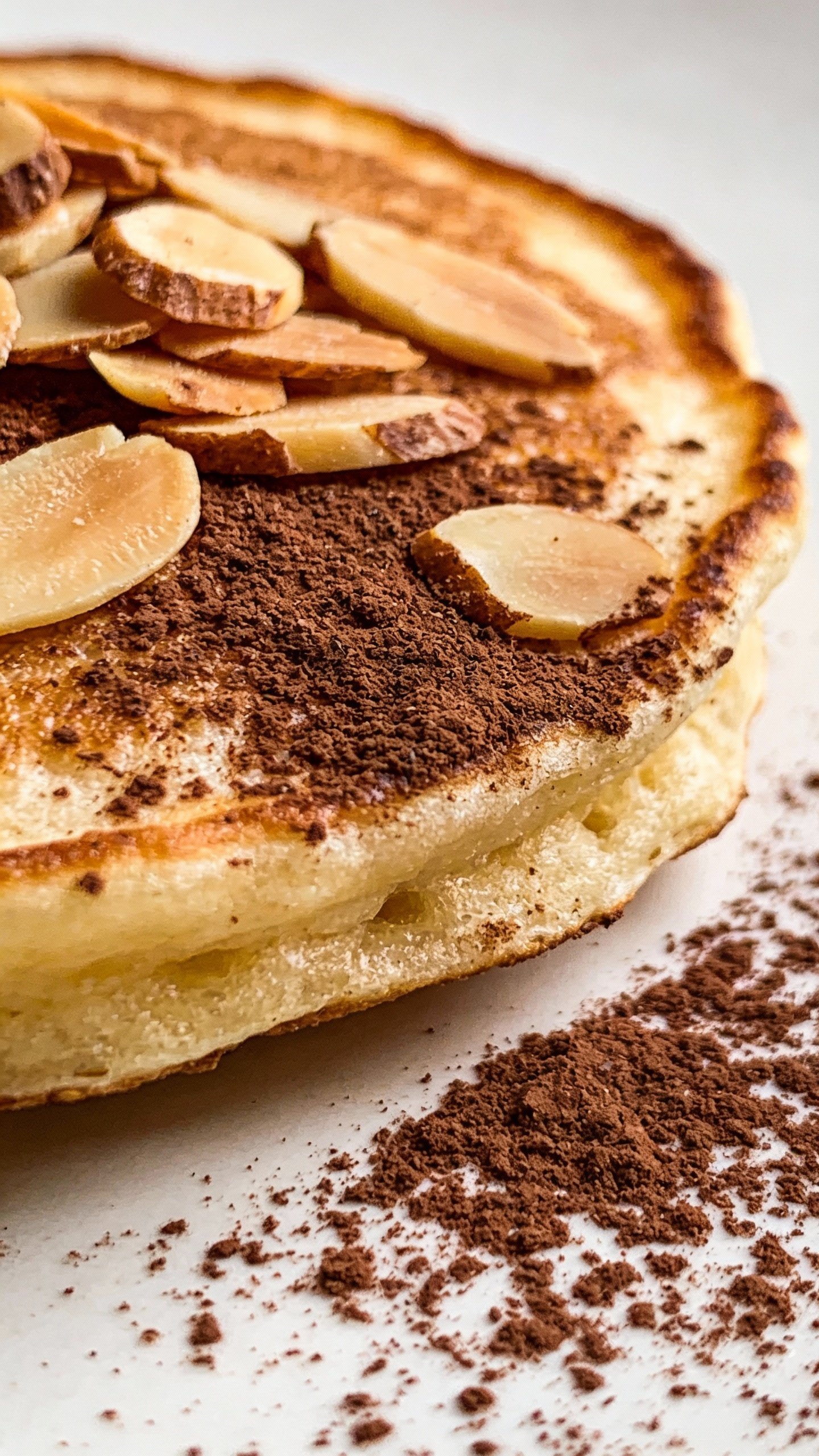 single keto pancake topped with cocoa and sliced almonds, macro