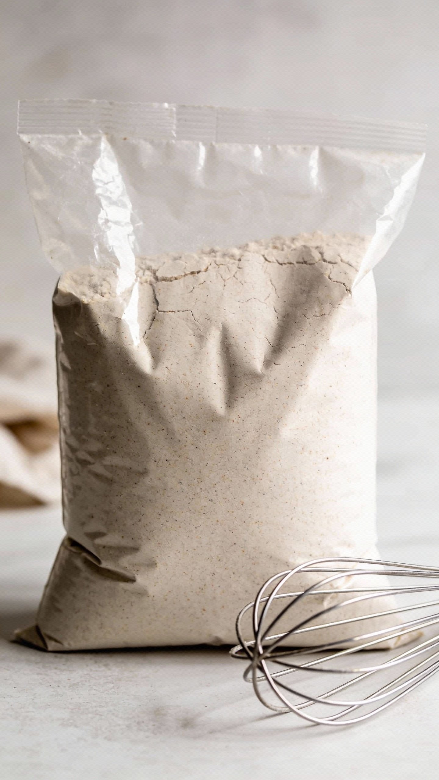 almond flour bag beside whisk, tight product shot