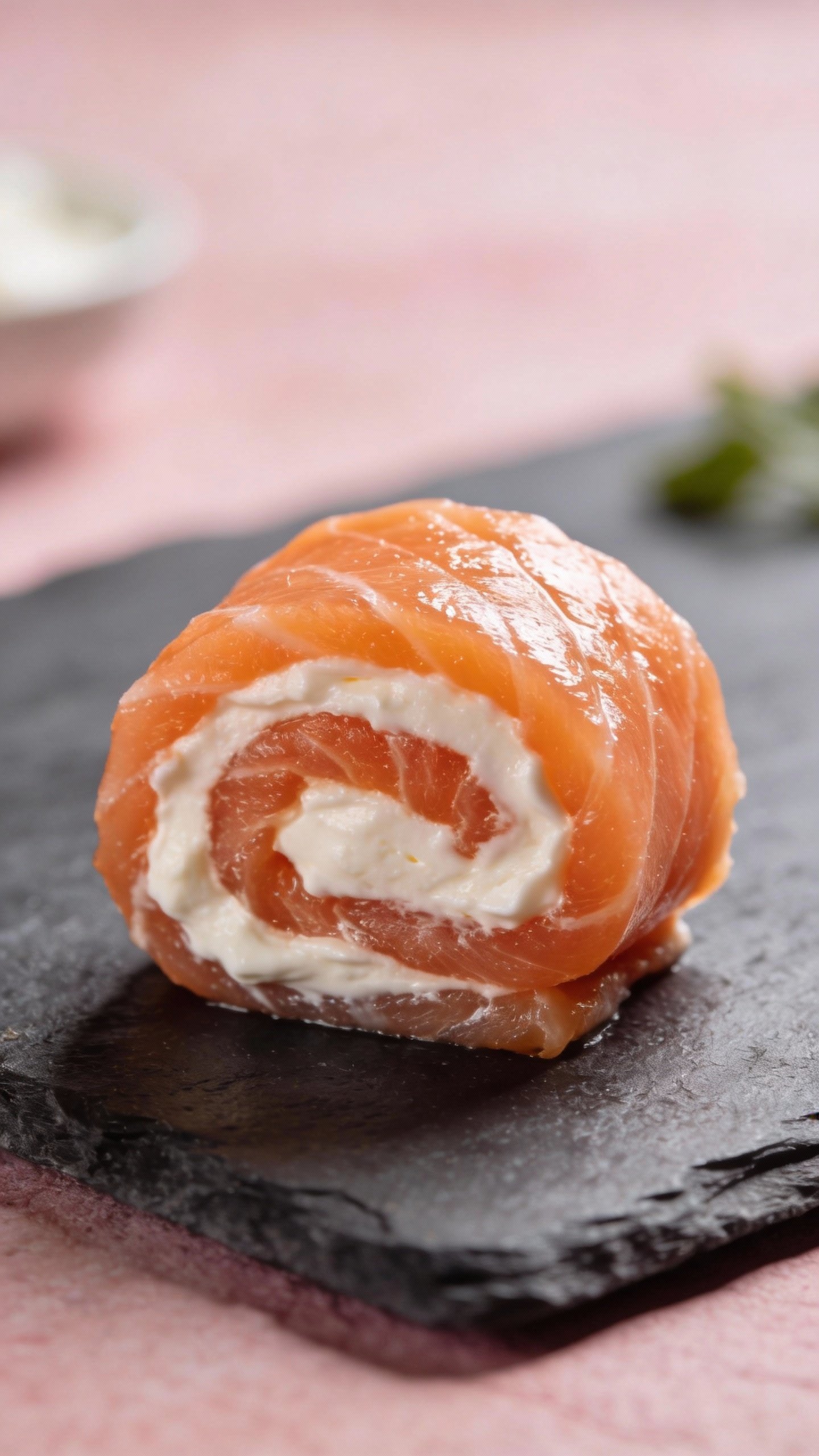 closeup smoked salmon and cream cheese roll-up on slate