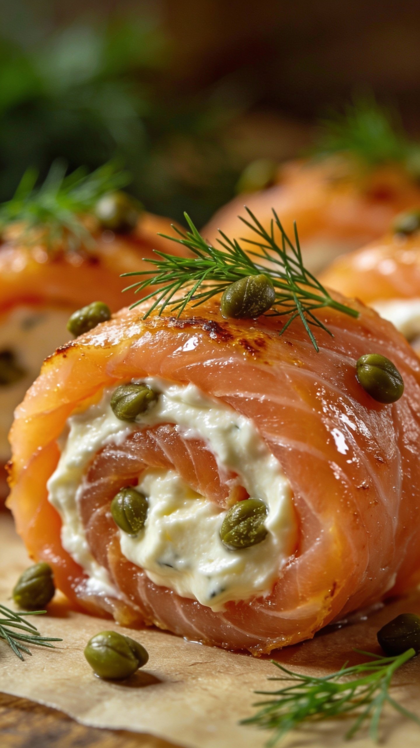 cream cheese-filled salmon roll-up with caper and dill