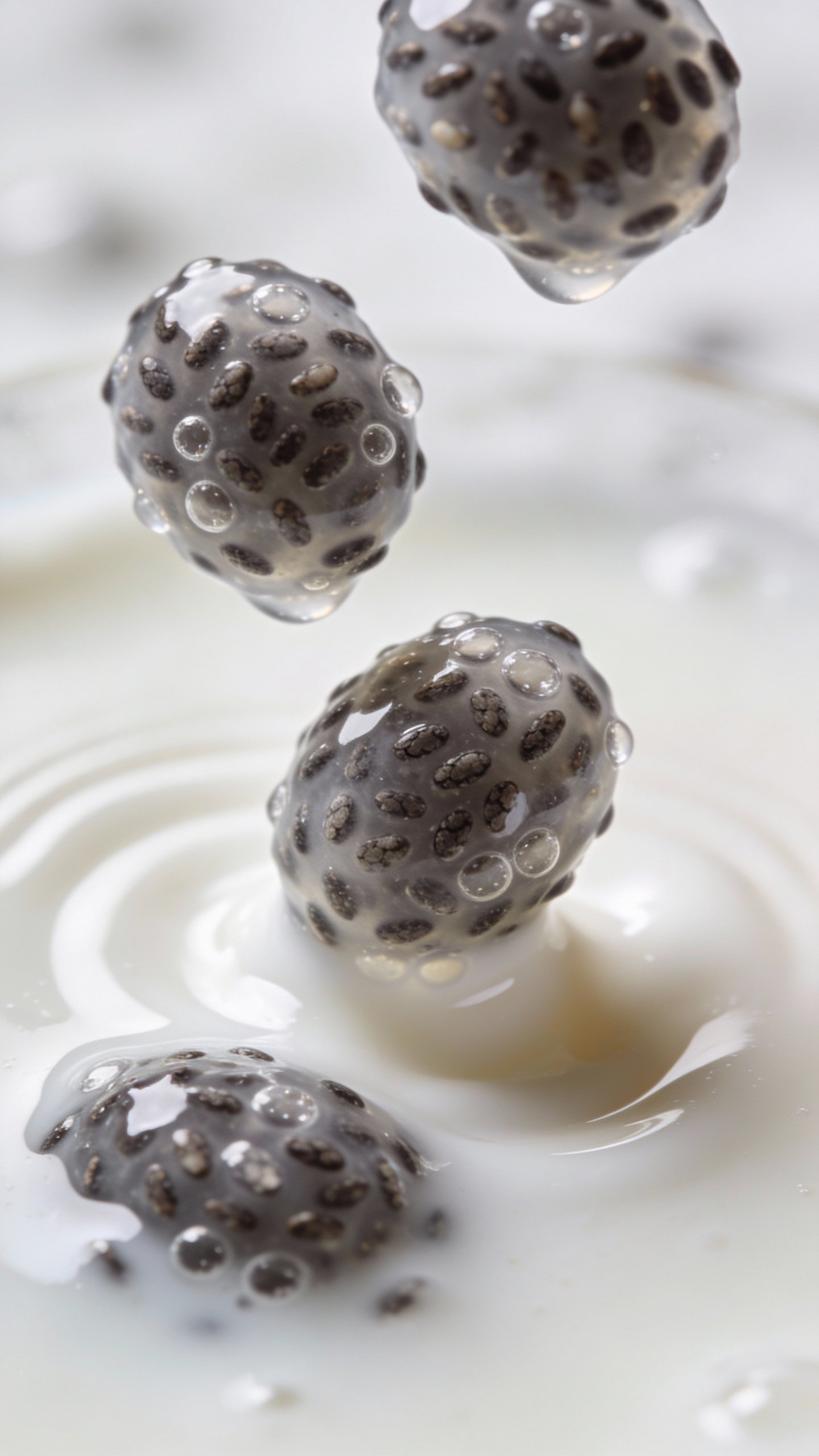 macro shot of chia seeds suspended in coconut milk pudding