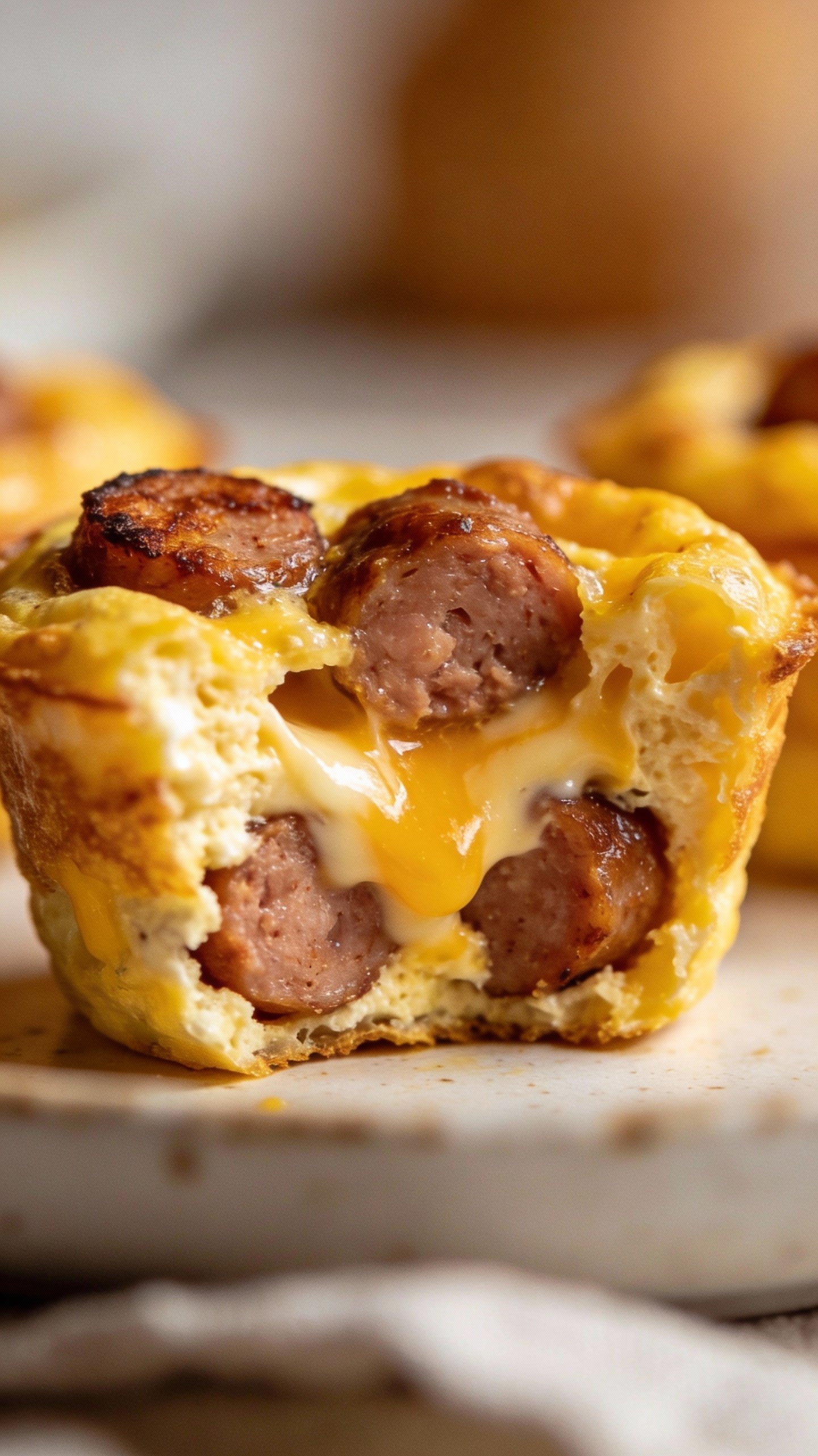 closeup cross-section of keto egg cup showing sausage and cheese