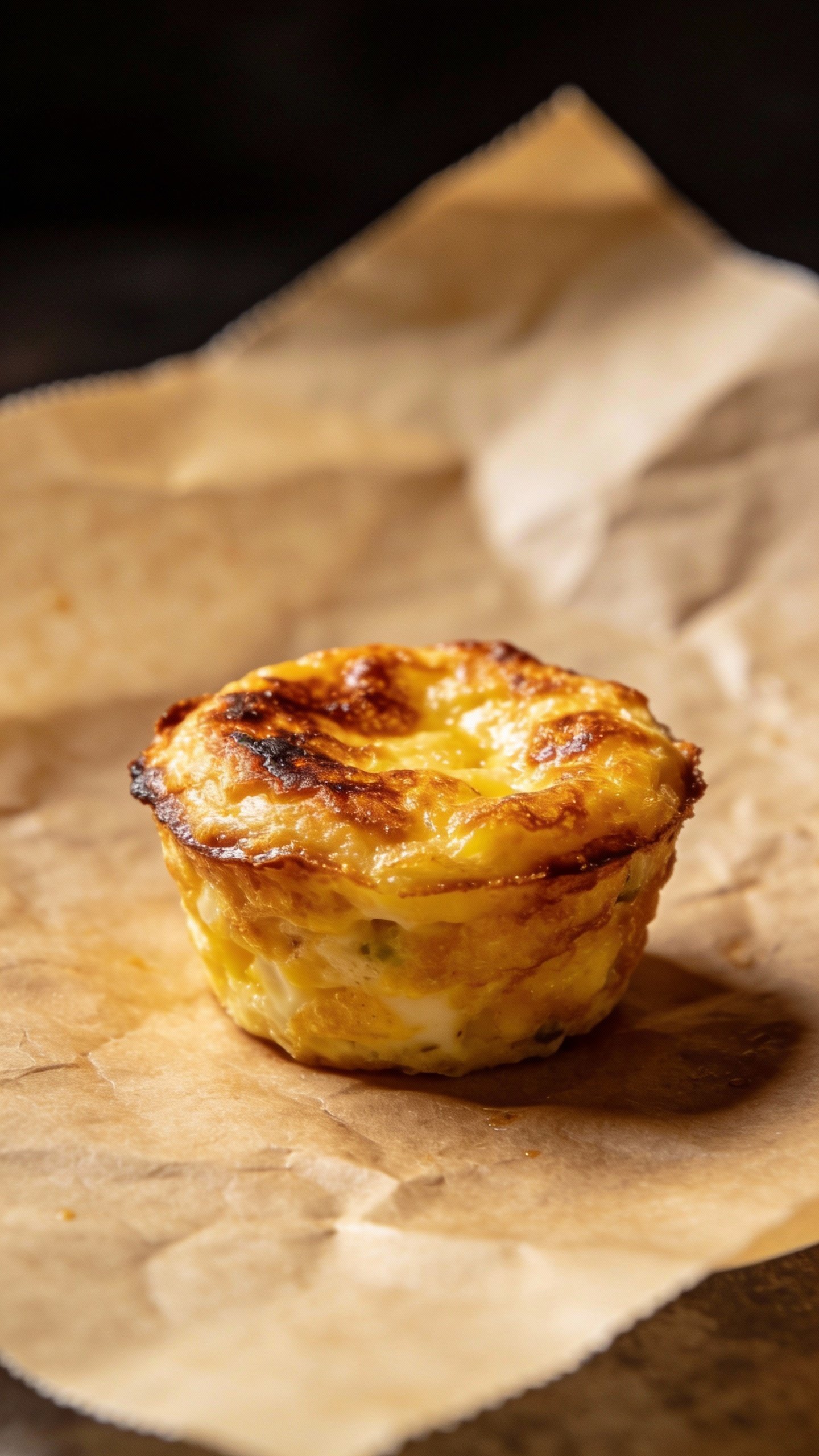 golden-browned keto breakfast cup on parchment, studio lighting