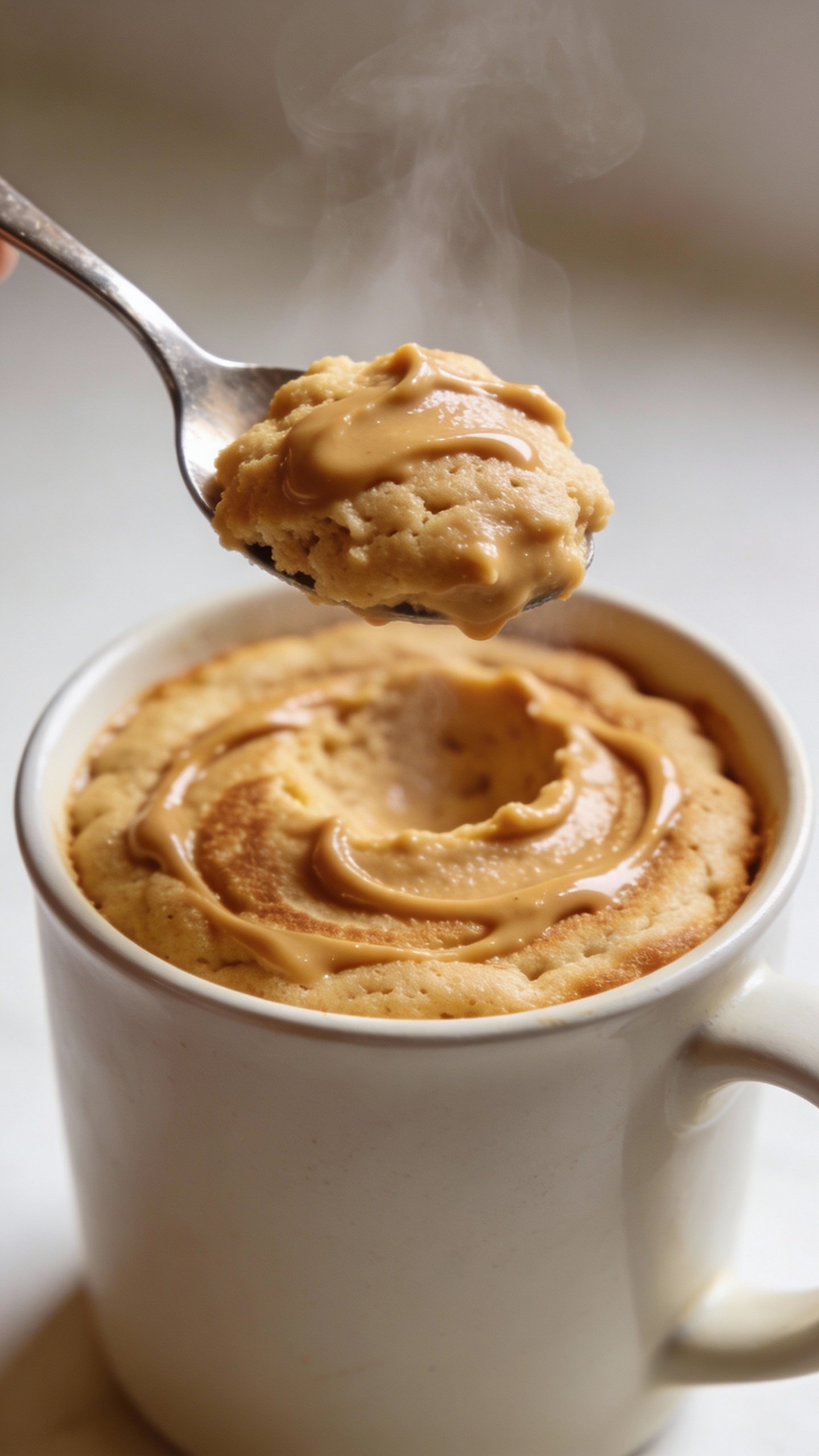 spoonful of fluffy peanut butter mug pancake, steam rising