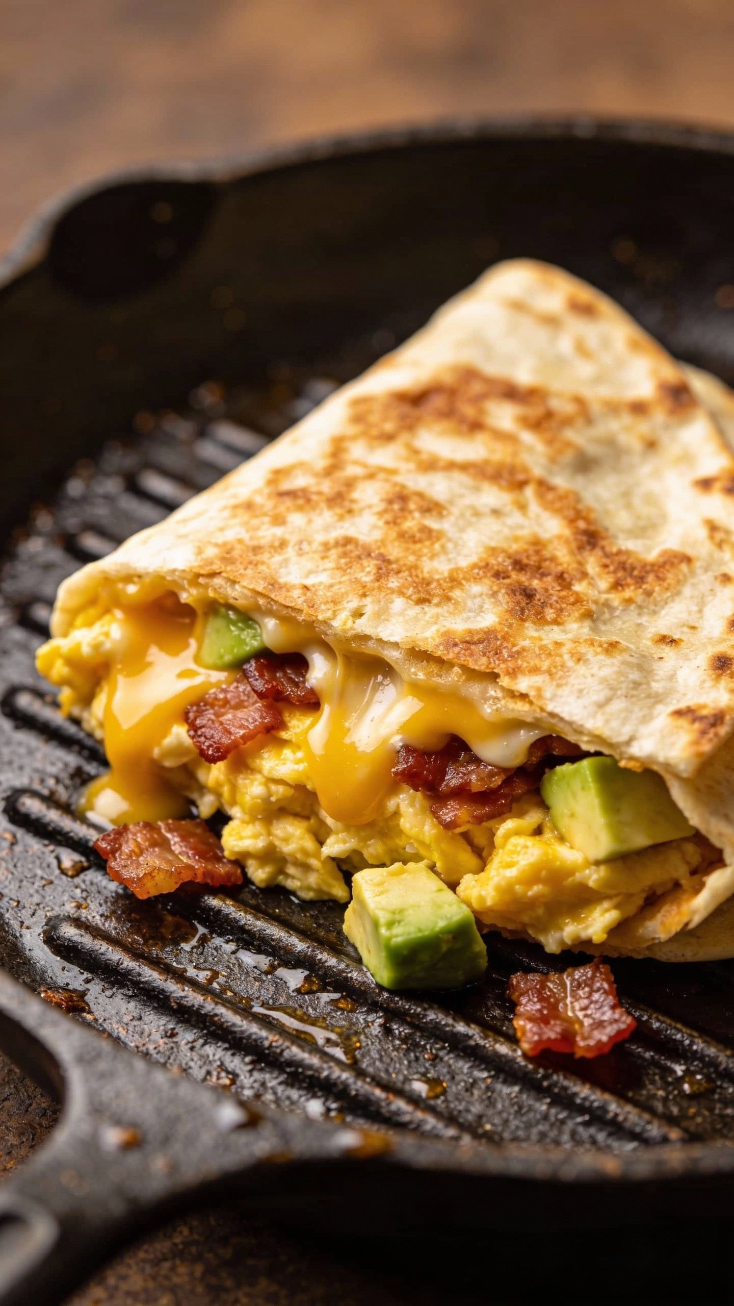 closeup keto cheese-wrap breakfast quesadilla on cast-iron skillet