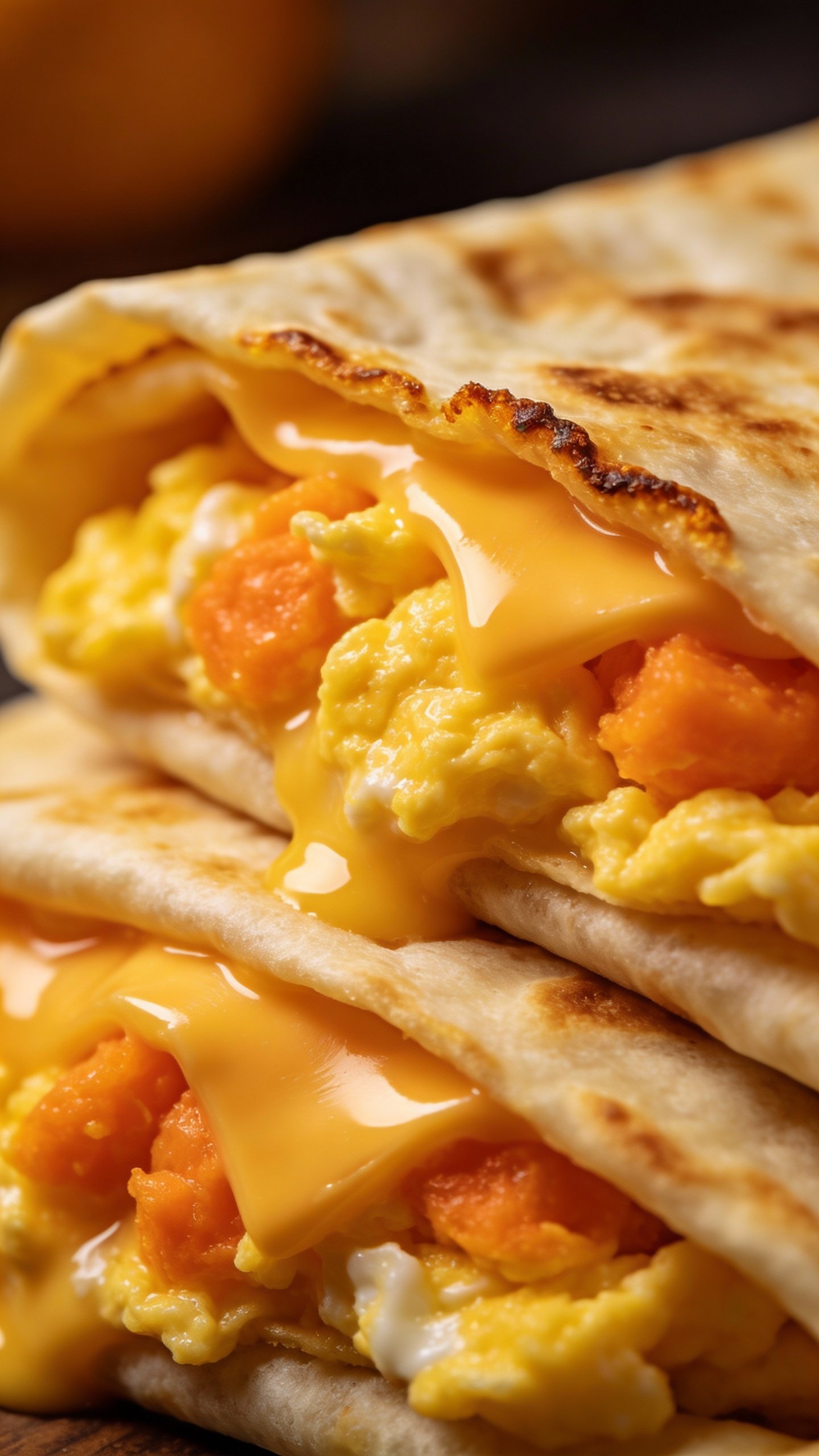 melted cheddar cheese wrap folded with scrambled eggs, macro shot