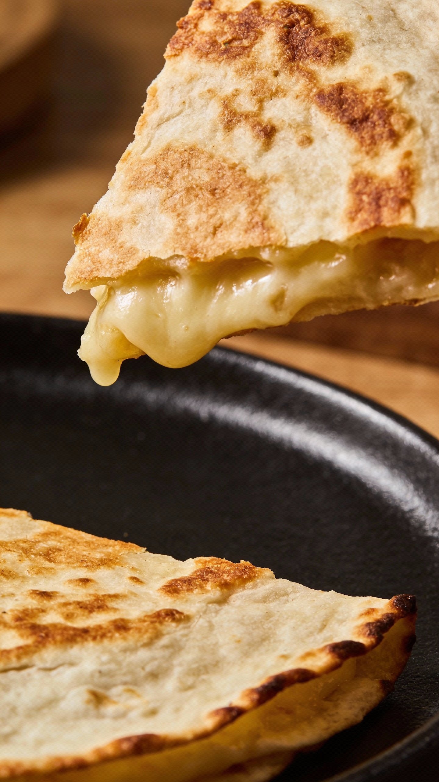 crispy-edged mozzarella wrap quesadilla on matte black plate