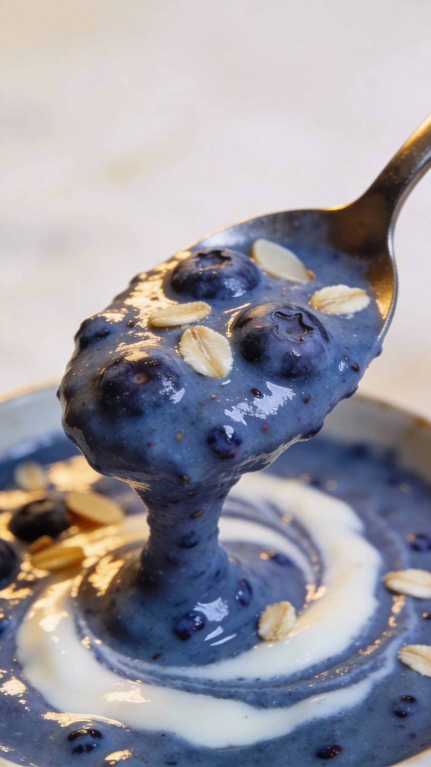 spoonful of thick blueberry almond smoothie, glossy swirl