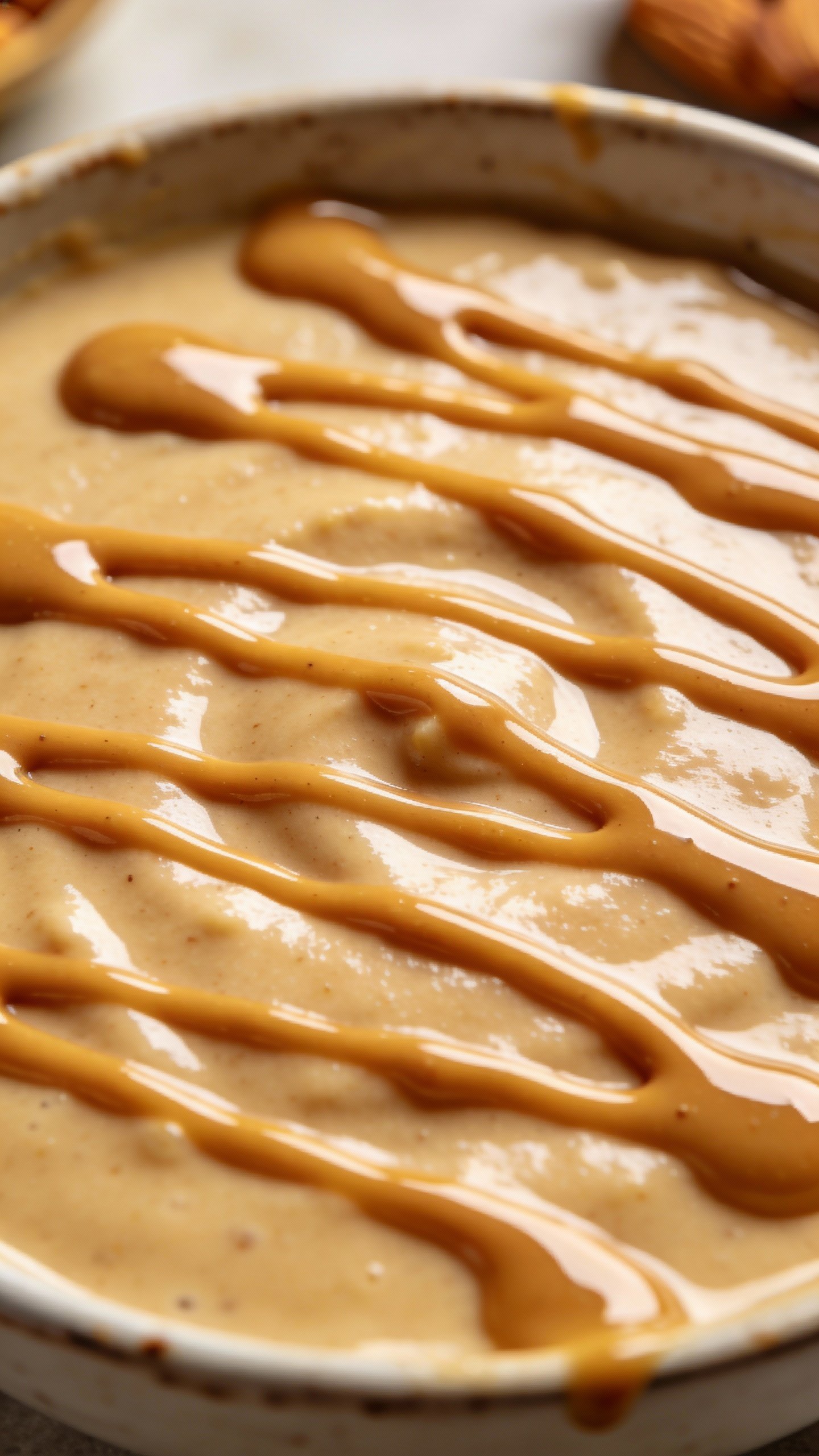 almond butter drizzle on keto smoothie bowl, overhead closeup