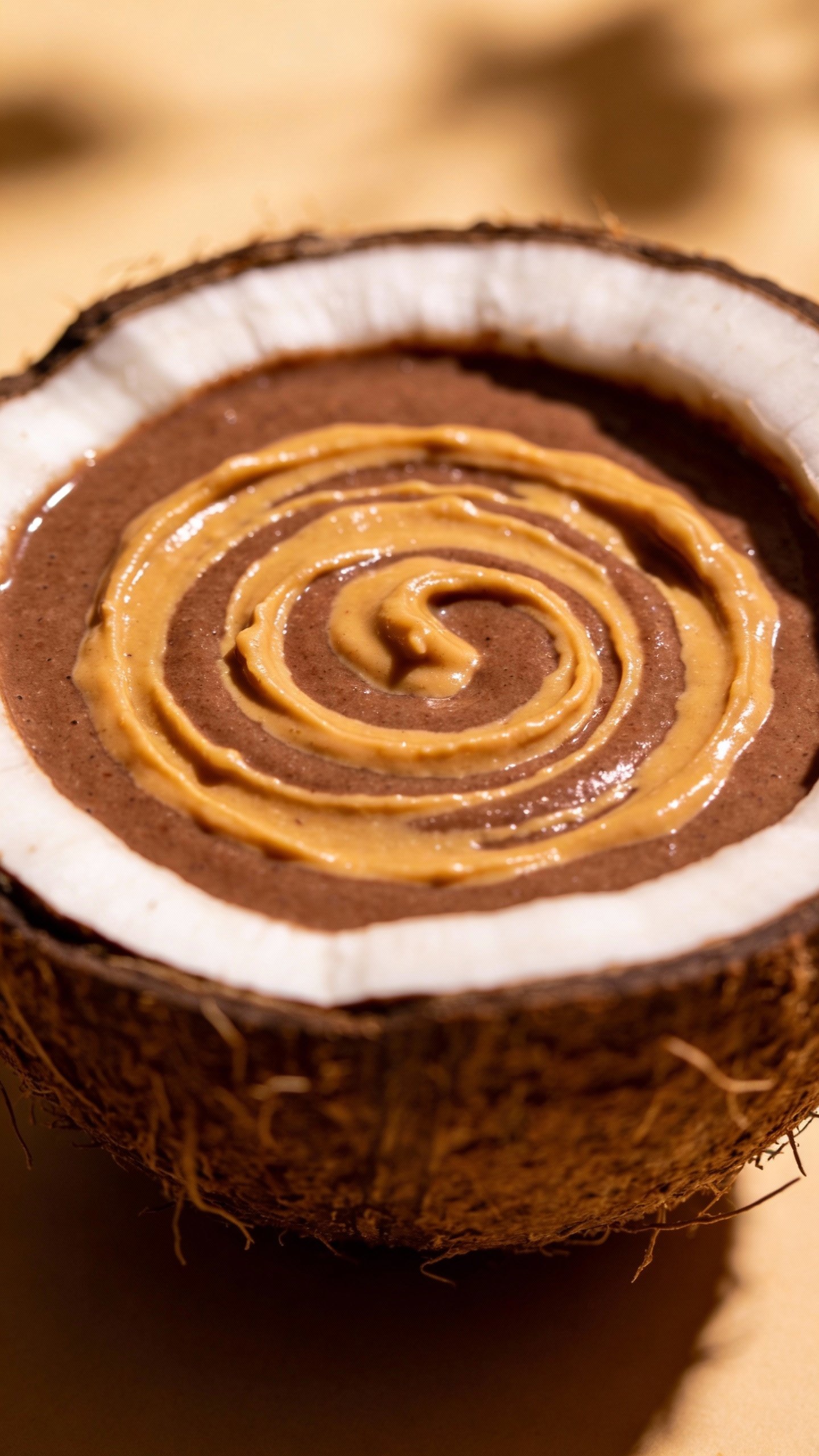 single coconut bowl of cocoa smoothie topped with almond butter