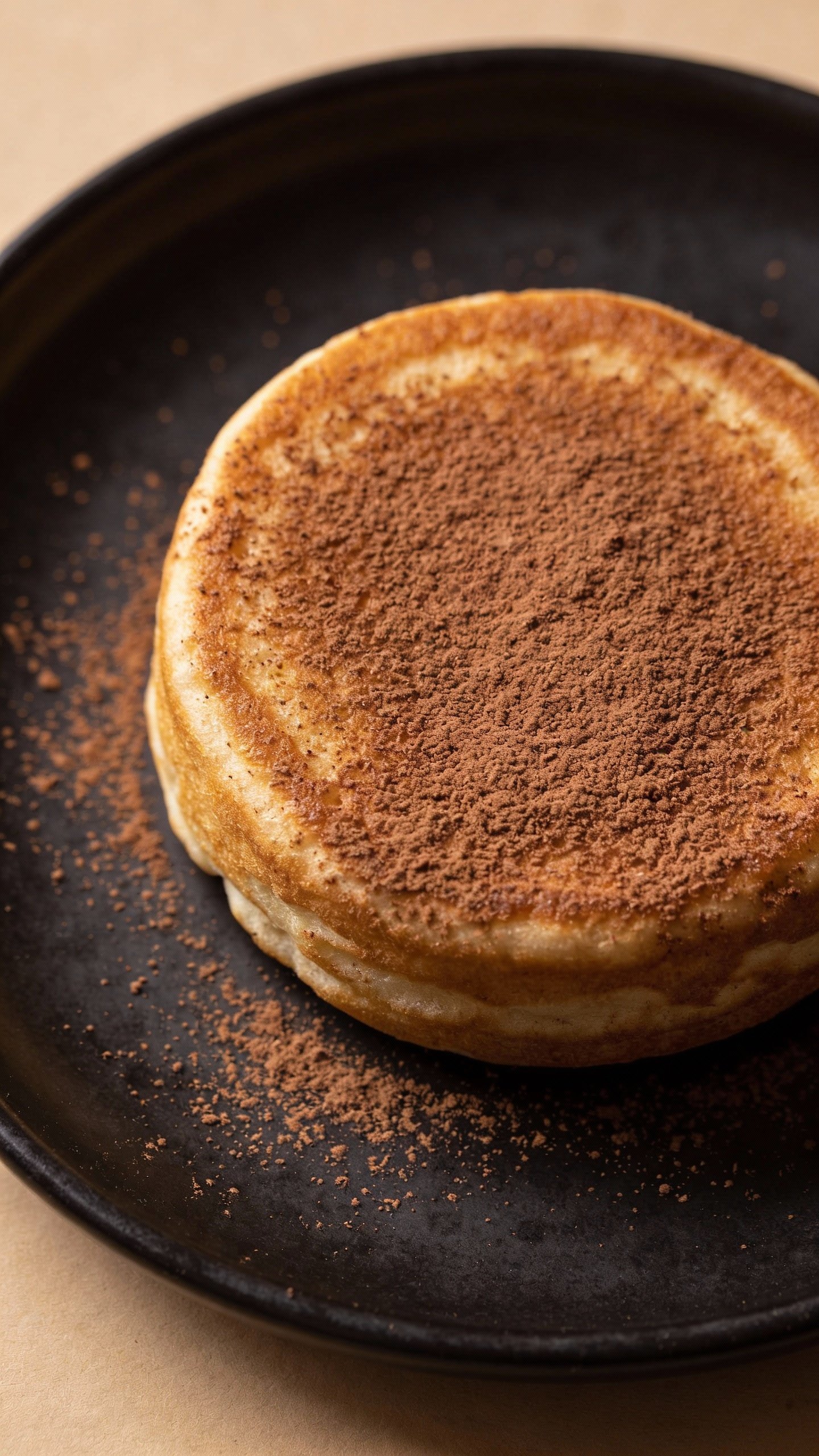 overhead shot of cocoa-dusted mug pancake on matte black plate