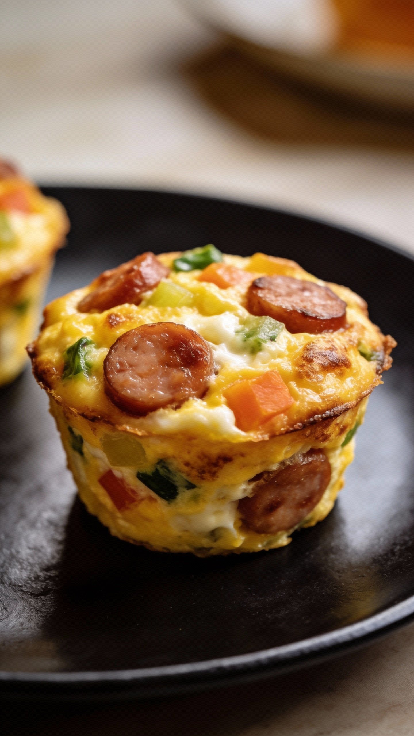 closeup sausage and veggie egg muffin on matte black plate
