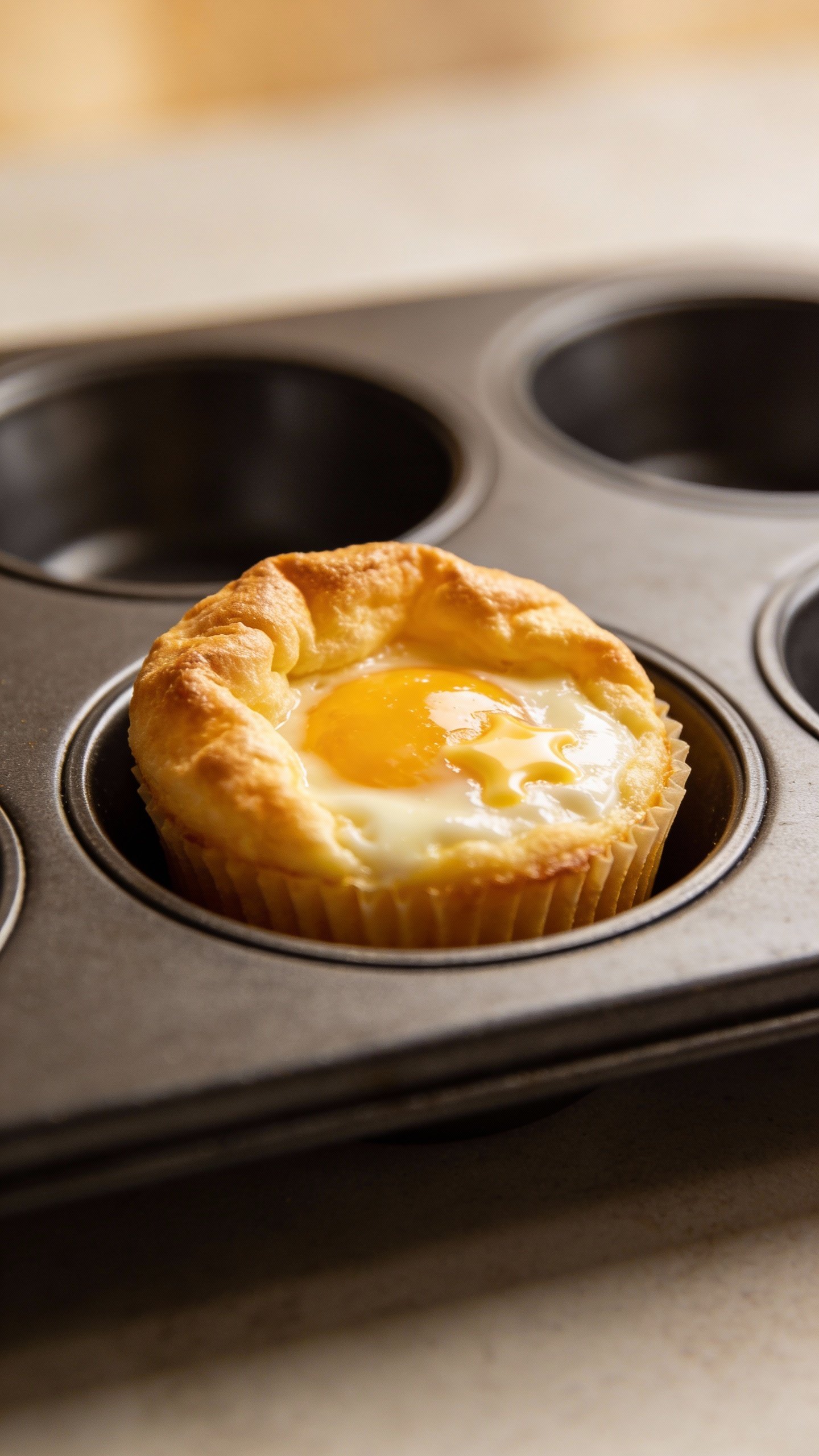 single baked egg muffin in nonstick muffin tin cavity