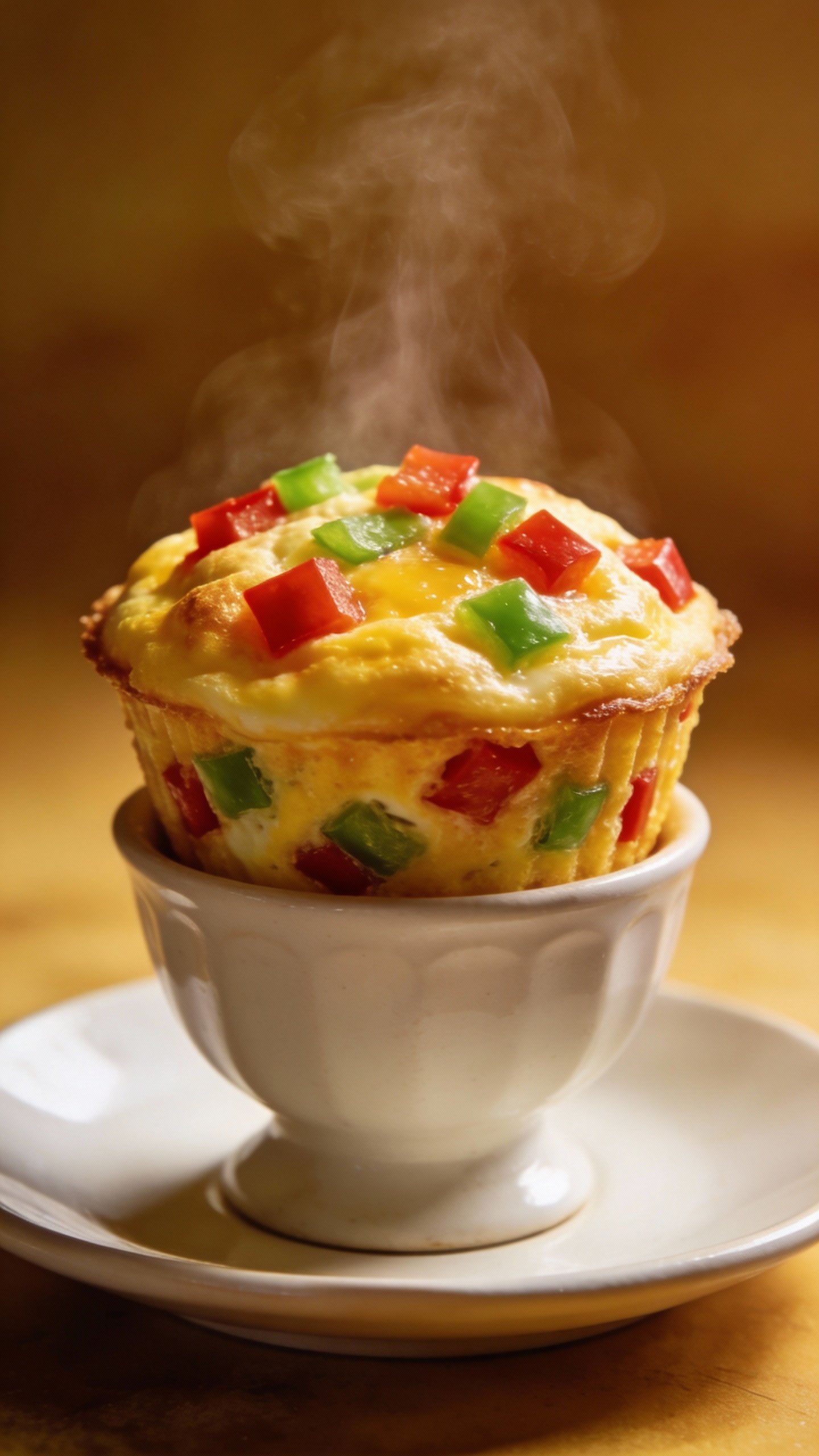 steaming egg muffin with diced peppers on white ceramic saucer