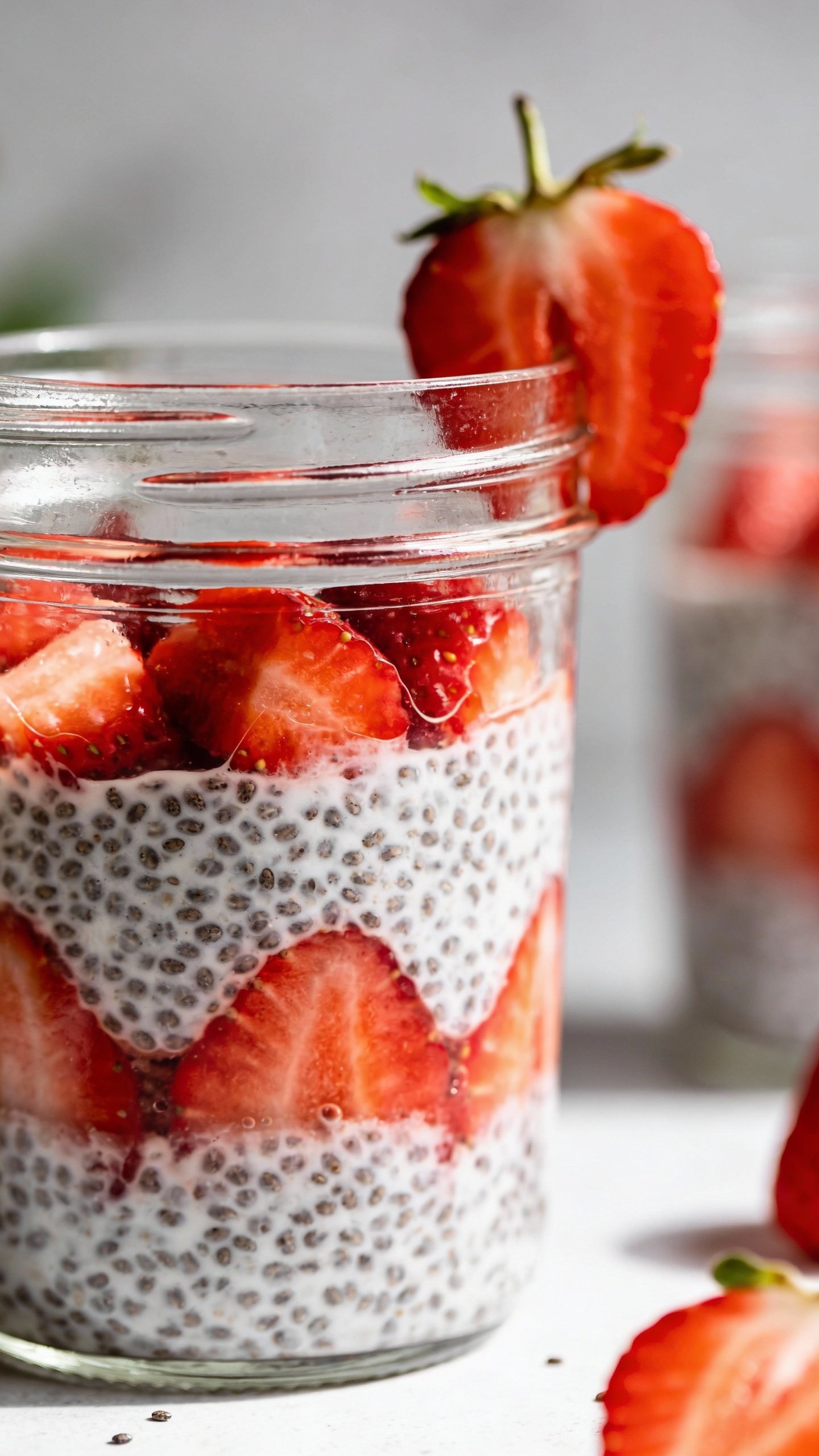 closeup of keto strawberry chia pudding in clear glass jar