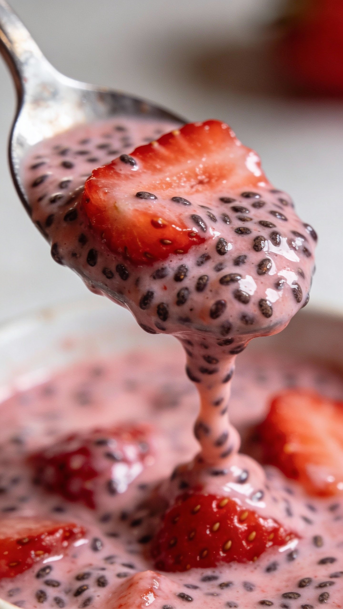 spoonful of strawberry chia pudding with visible chia seeds