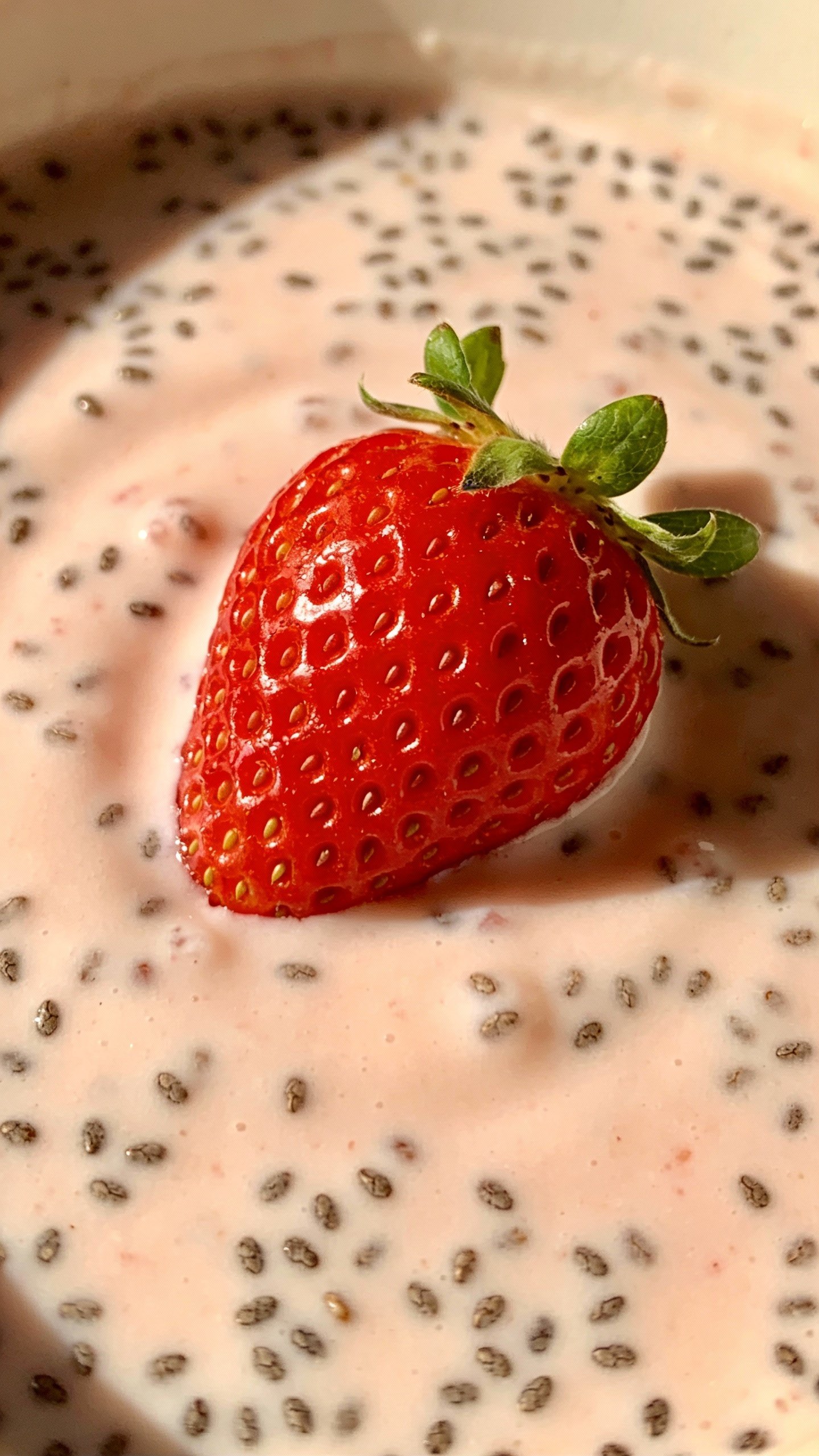 single fresh strawberry on chia-studded creamy pudding surface