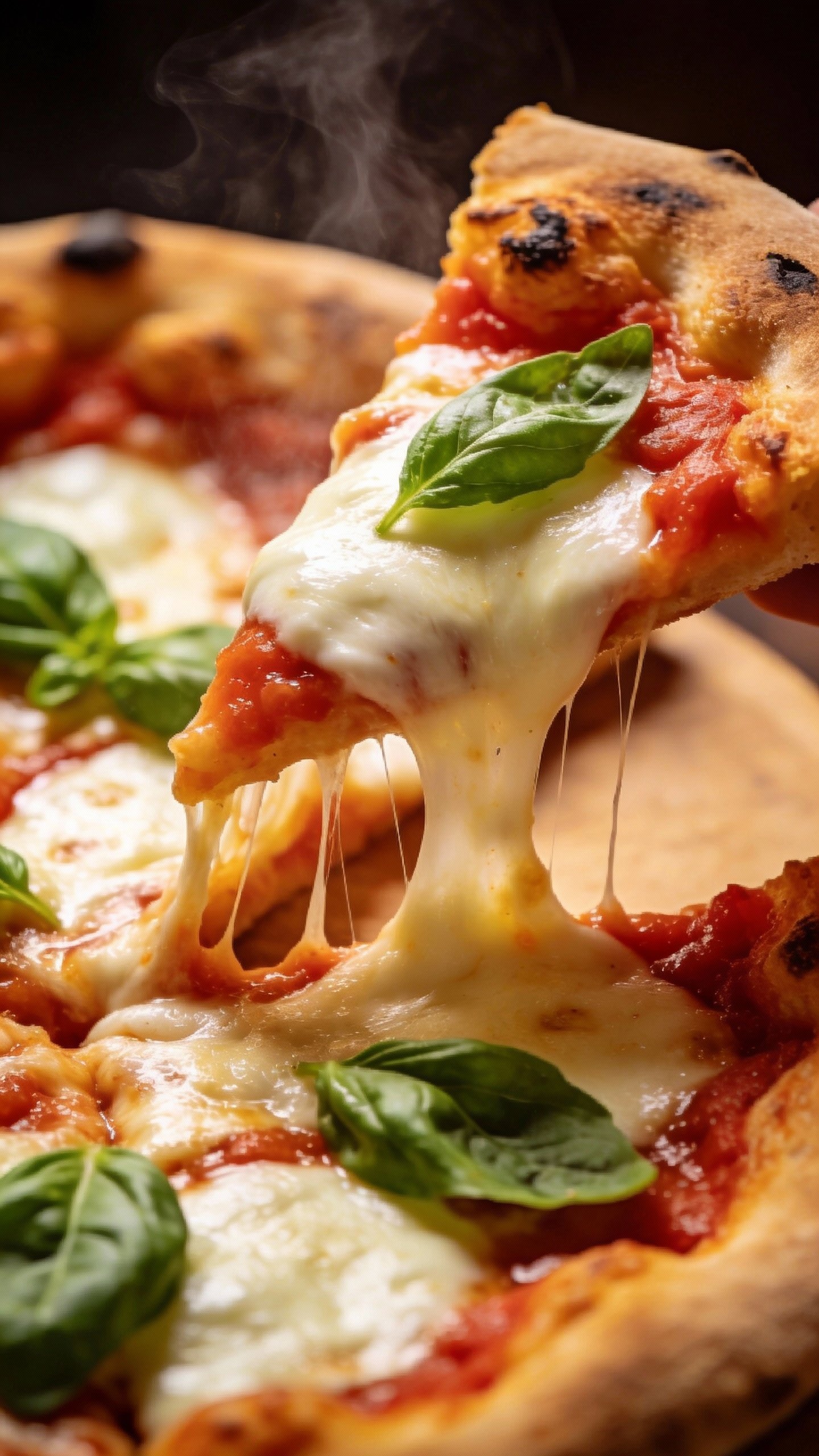 closeup Neapolitan Margherita slice with melted mozzarella stretch