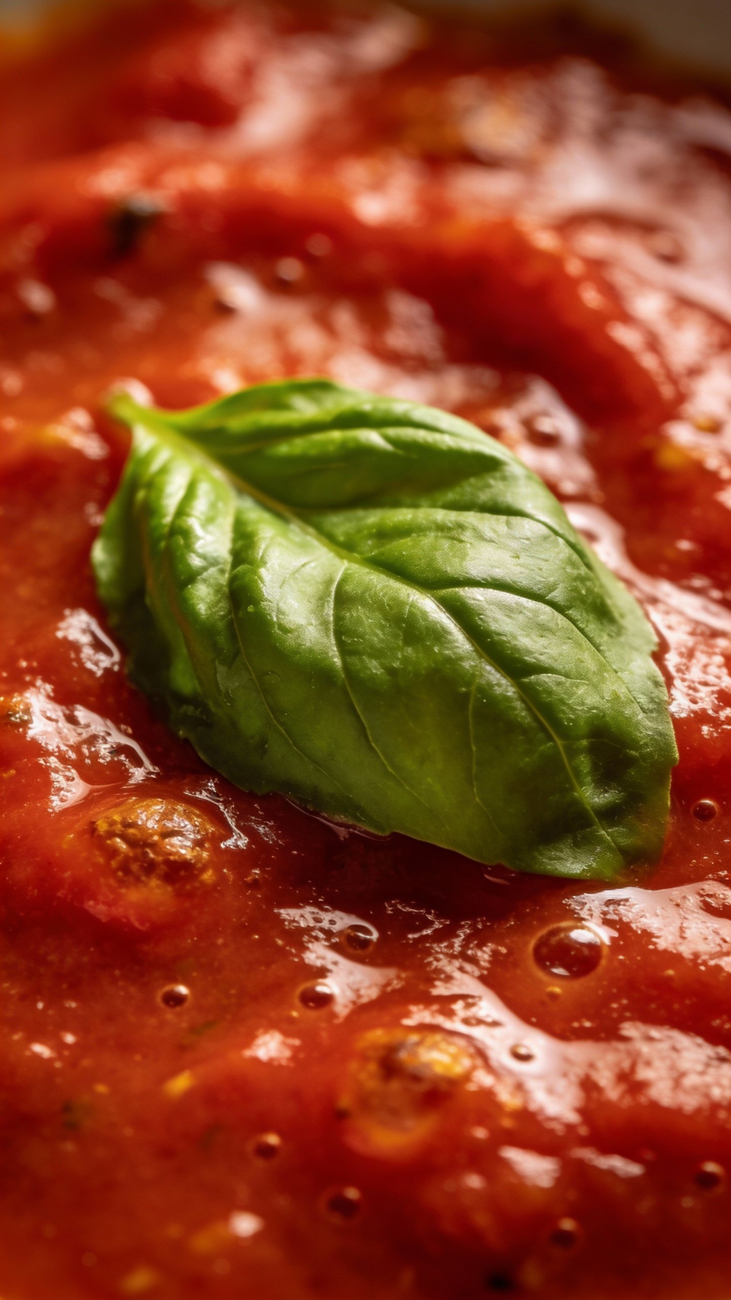 single basil leaf on blistered tomato sauce, shallow depth