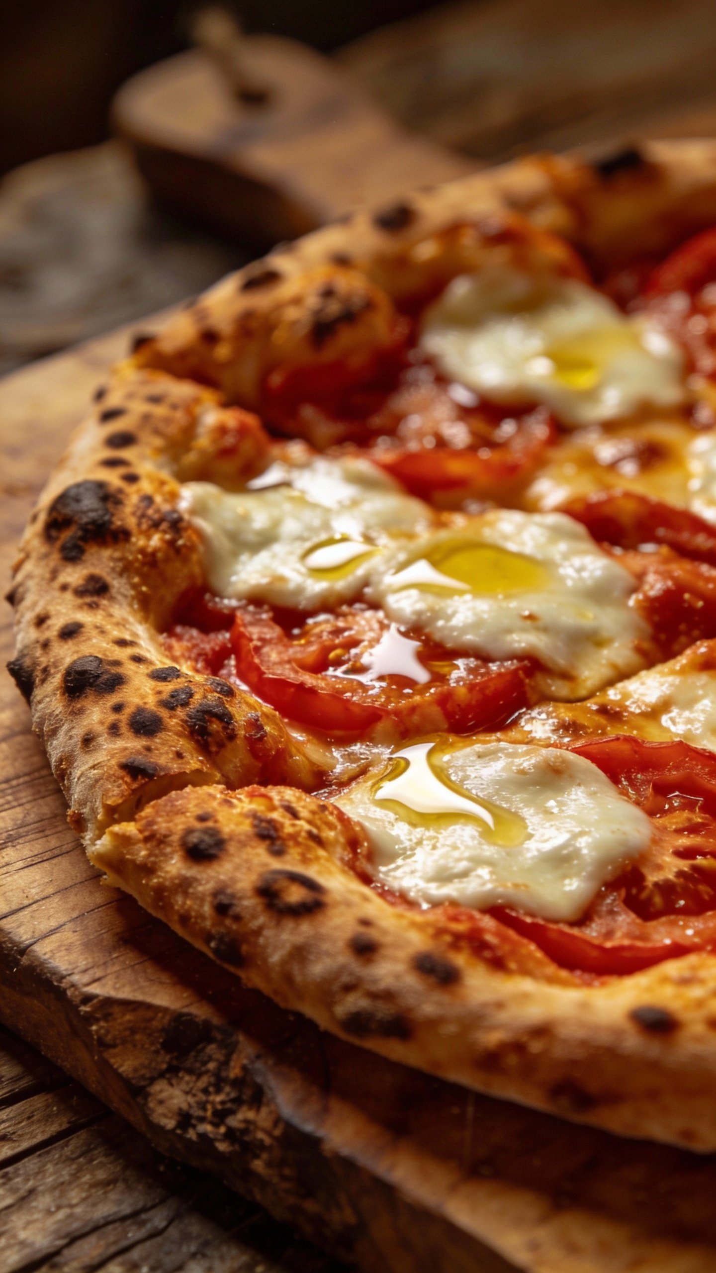 wood-fired Margherita crust leopard spotting, olive oil glisten