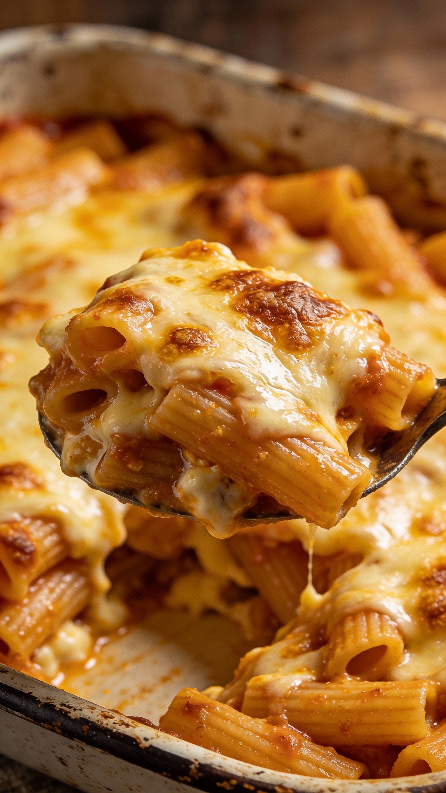 closeup corner scoop of cheesy baked ziti in pan