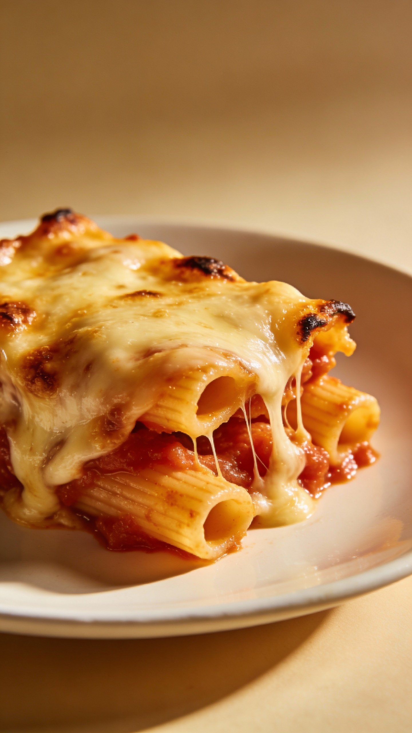 single serving of baked ziti on white plate, gooey cheese