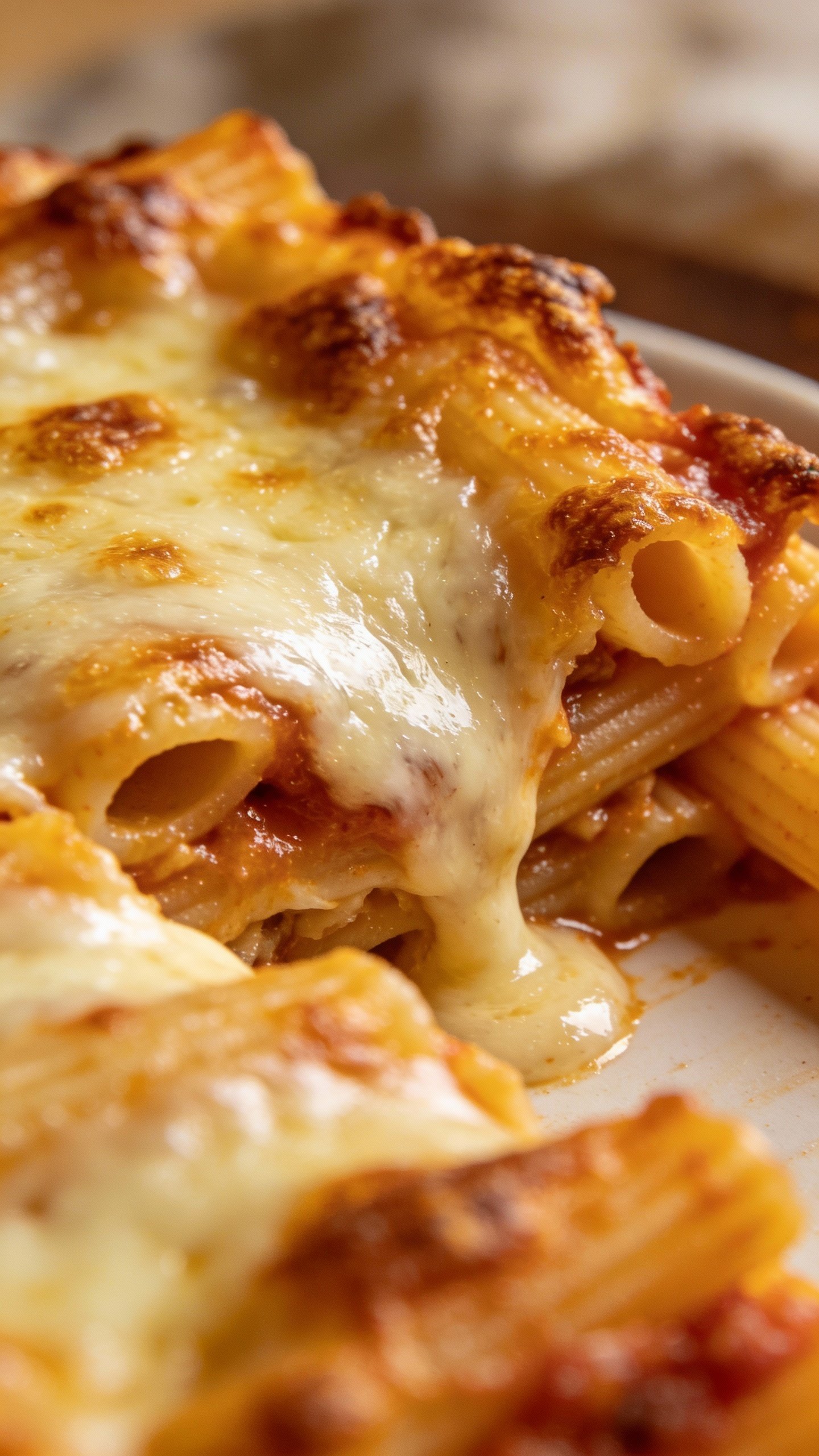 bubbling mozzarella crust on baked ziti, golden brown edges