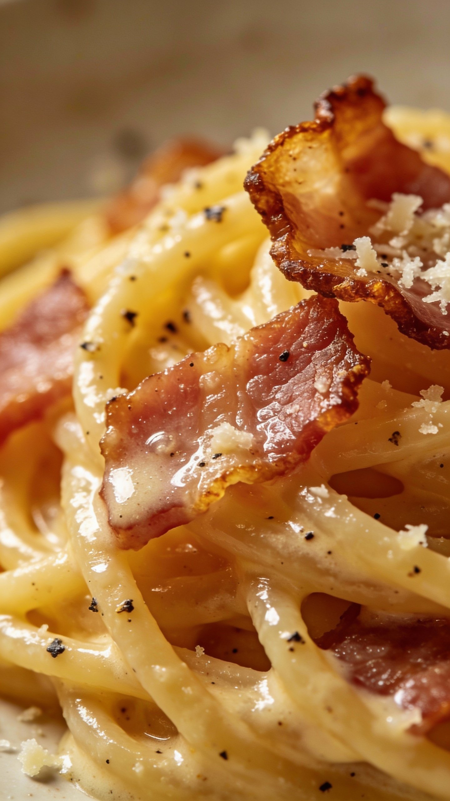 closeup of glossy spaghetti carbonara with crispy pancetta