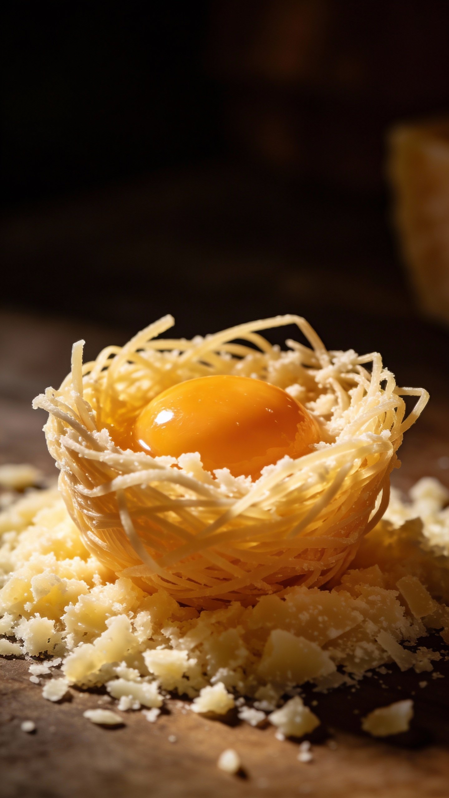 single egg yolk in parmesan nest, dramatic side light