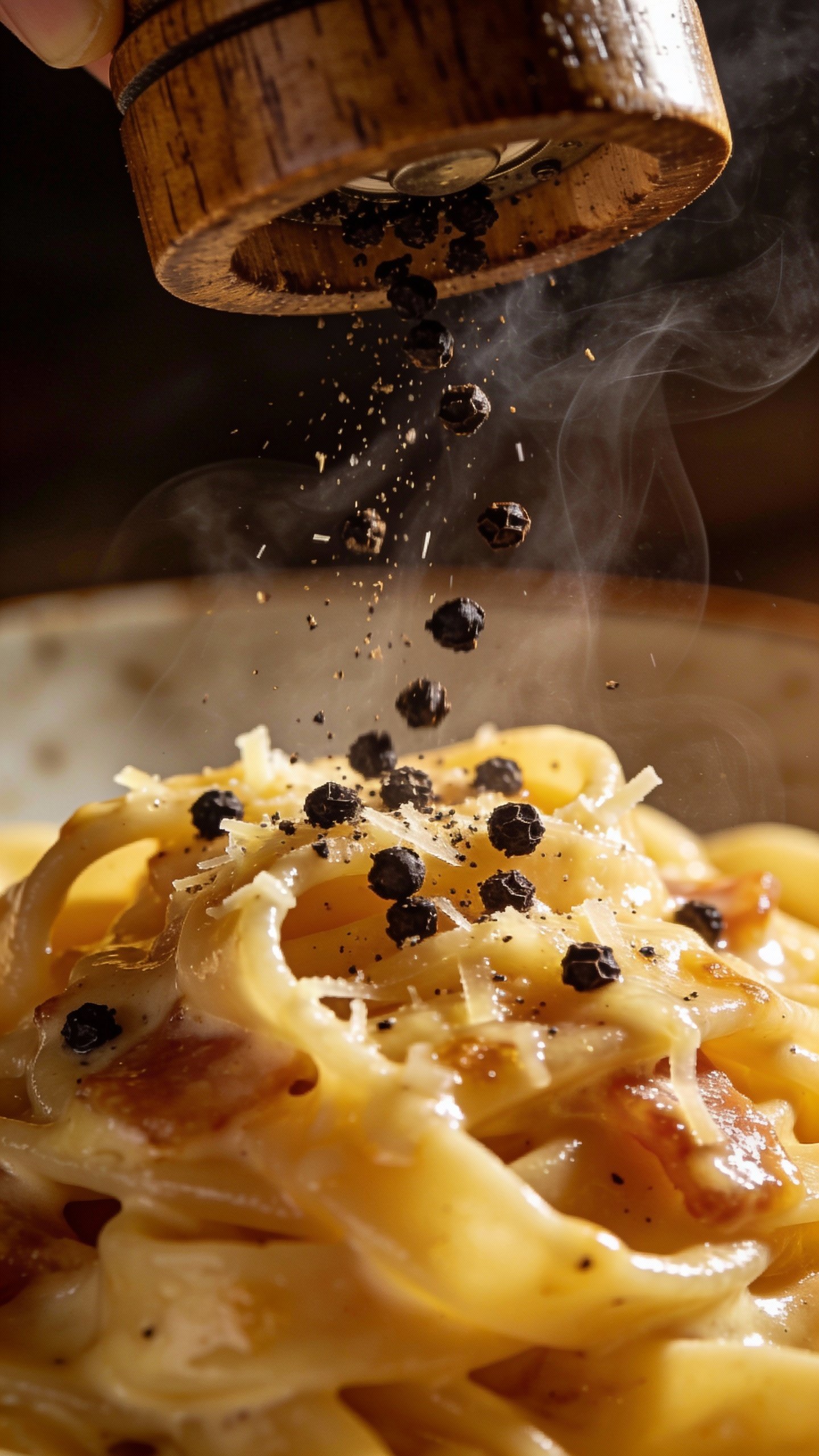 black pepper raining onto steaming carbonara, tight macro shot