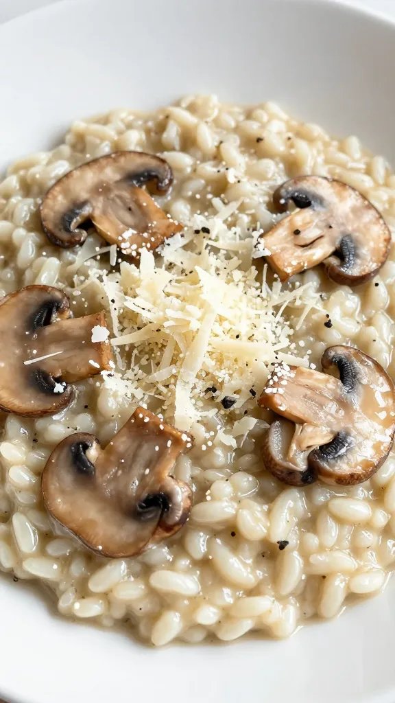 closeup bowl of mushroom risotto with shaved Parmesan
