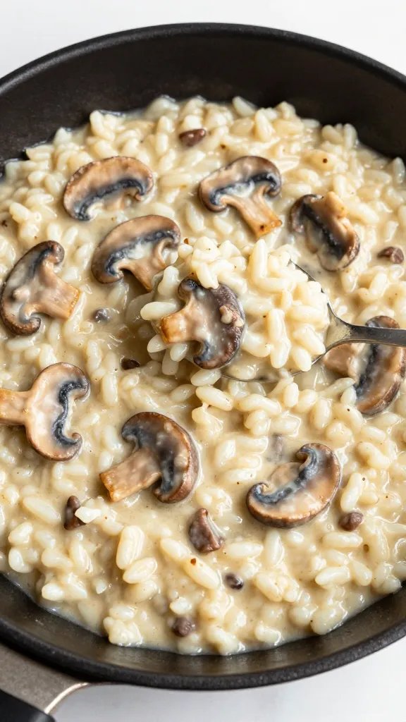 single skillet of creamy mushroom risotto, spoon resting