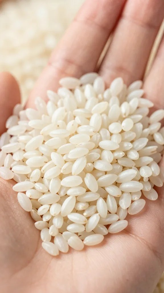 closeup of Arborio rice grains in hand, professional lighting