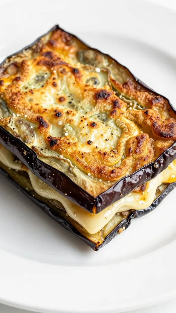 closeup of crispy eggplant parmesan slice on white plate