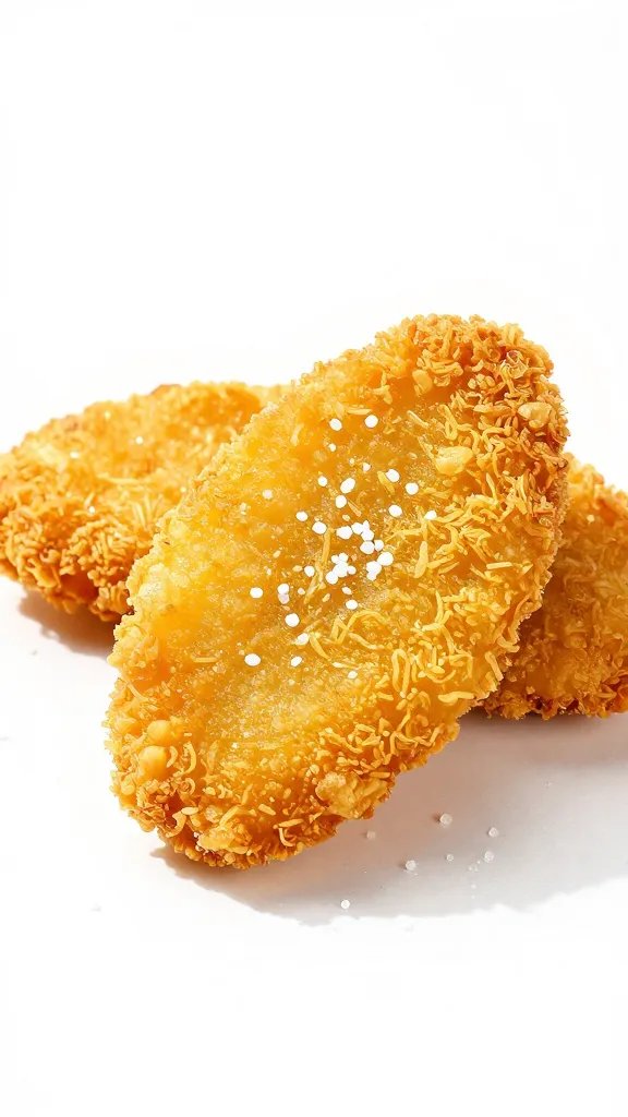 golden fried eggplant cutlet, coarse salt, minimal backdrop