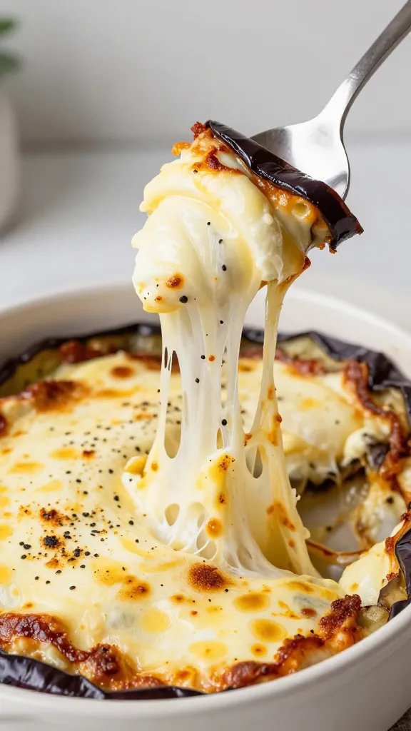 spoon lifting stretchy mozzarella from eggplant parmesan skillet