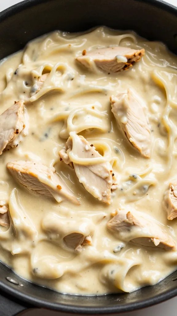 closeup of creamy chicken alfredo in a black skillet