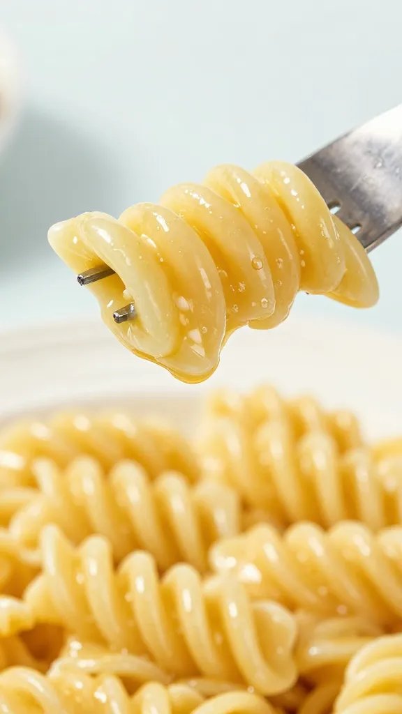 single twirled forkful of alfredo pasta, glossy sauce