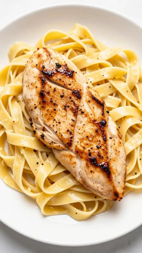 seared chicken breast slices on alfredo-coated fettuccine, overhead