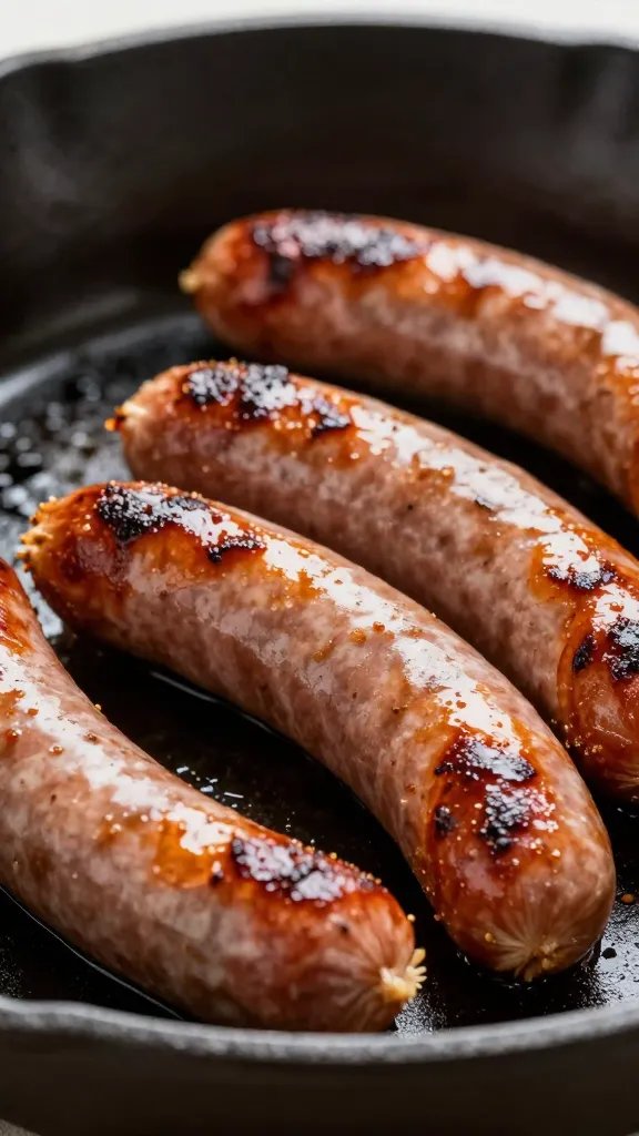 closeup of sizzling Italian sausage link in cast-iron skillet