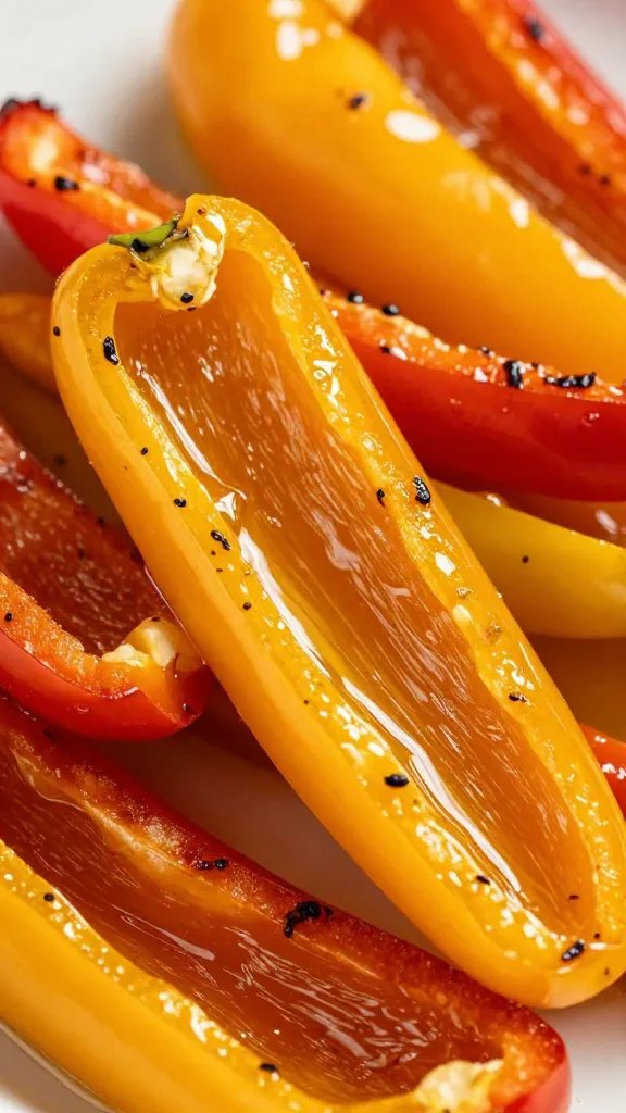 grilled bell pepper strips glistening with olive oil, macro