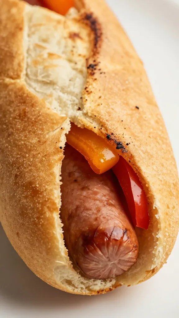 toasted hoagie roll filled with sausage and peppers, closeup