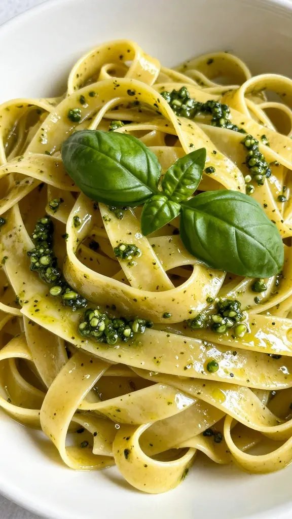 closeup bowl of homemade fettuccine with glossy basil pesto