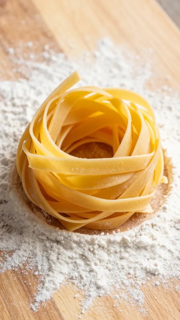 single nest of fresh fettuccine on floured wooden board